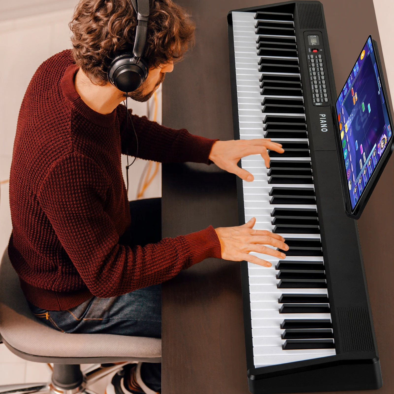 88 Key Foldable Electric Keyboard Piano, Wireless MIDI, Dual Speakers, Black - Image 3