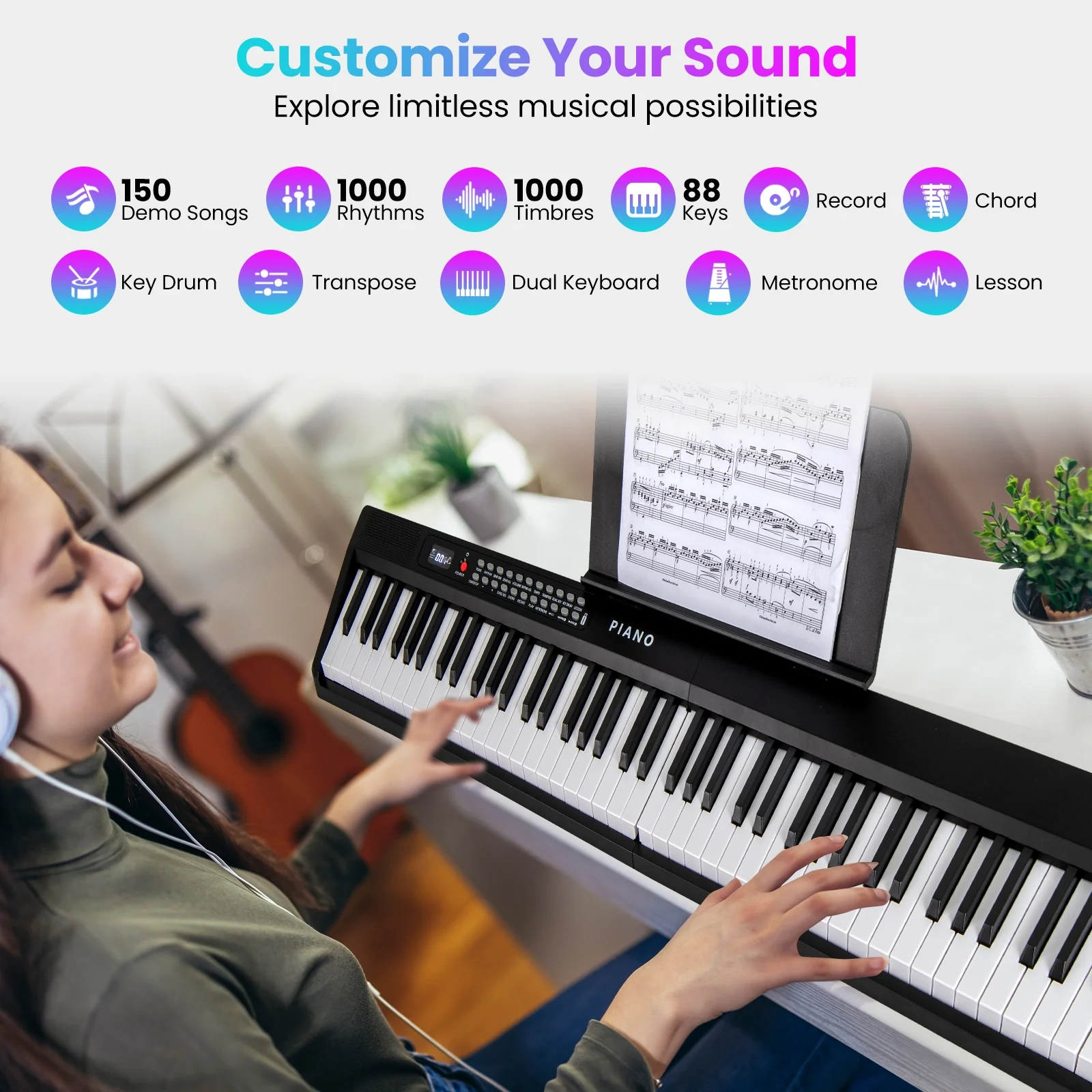 88 Key Foldable Electric Keyboard Piano, Wireless MIDI, Dual Speakers, Black - Image 7