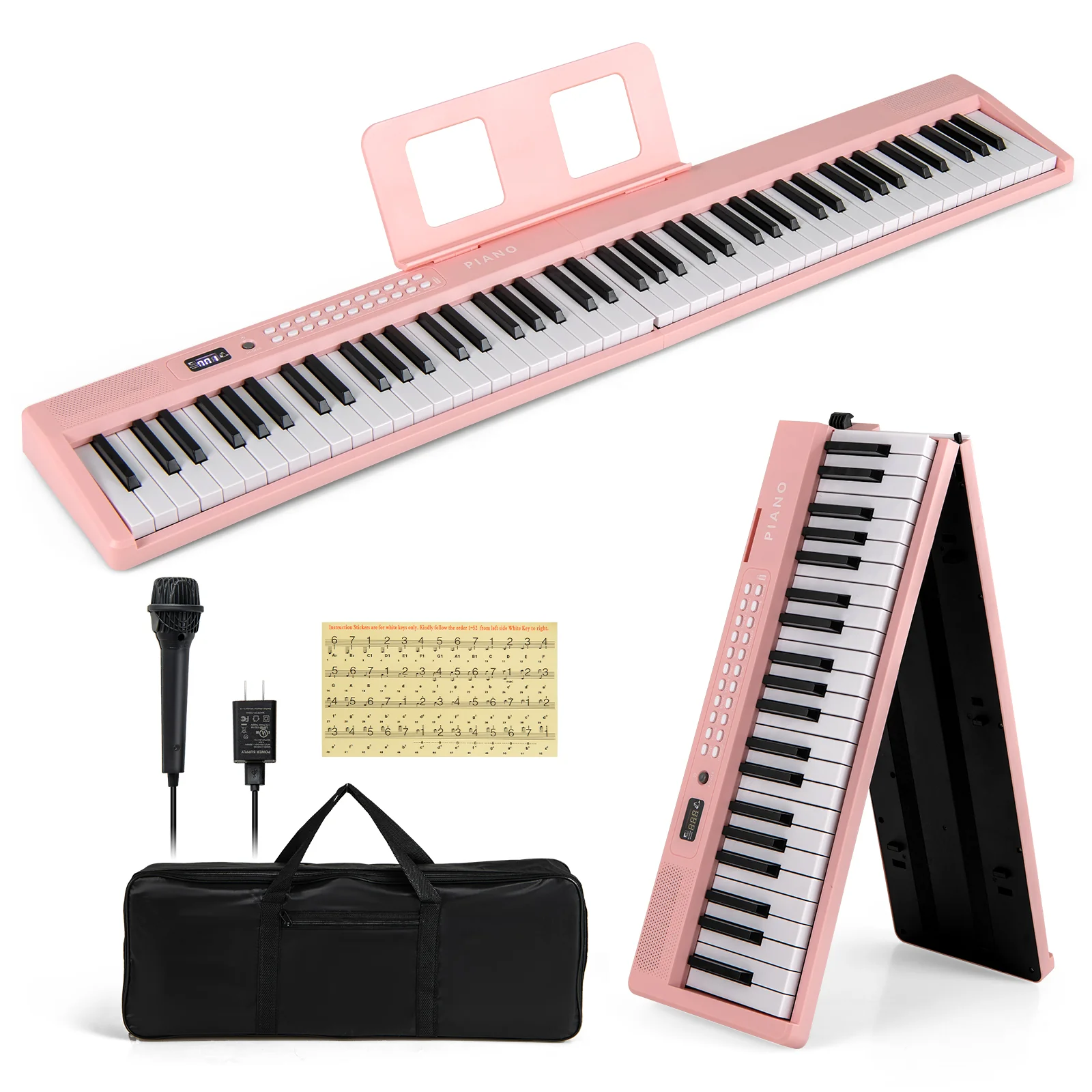 88 Key Foldable Electric Keyboard Piano, Wireless MIDI, Dual Speakers, Pink