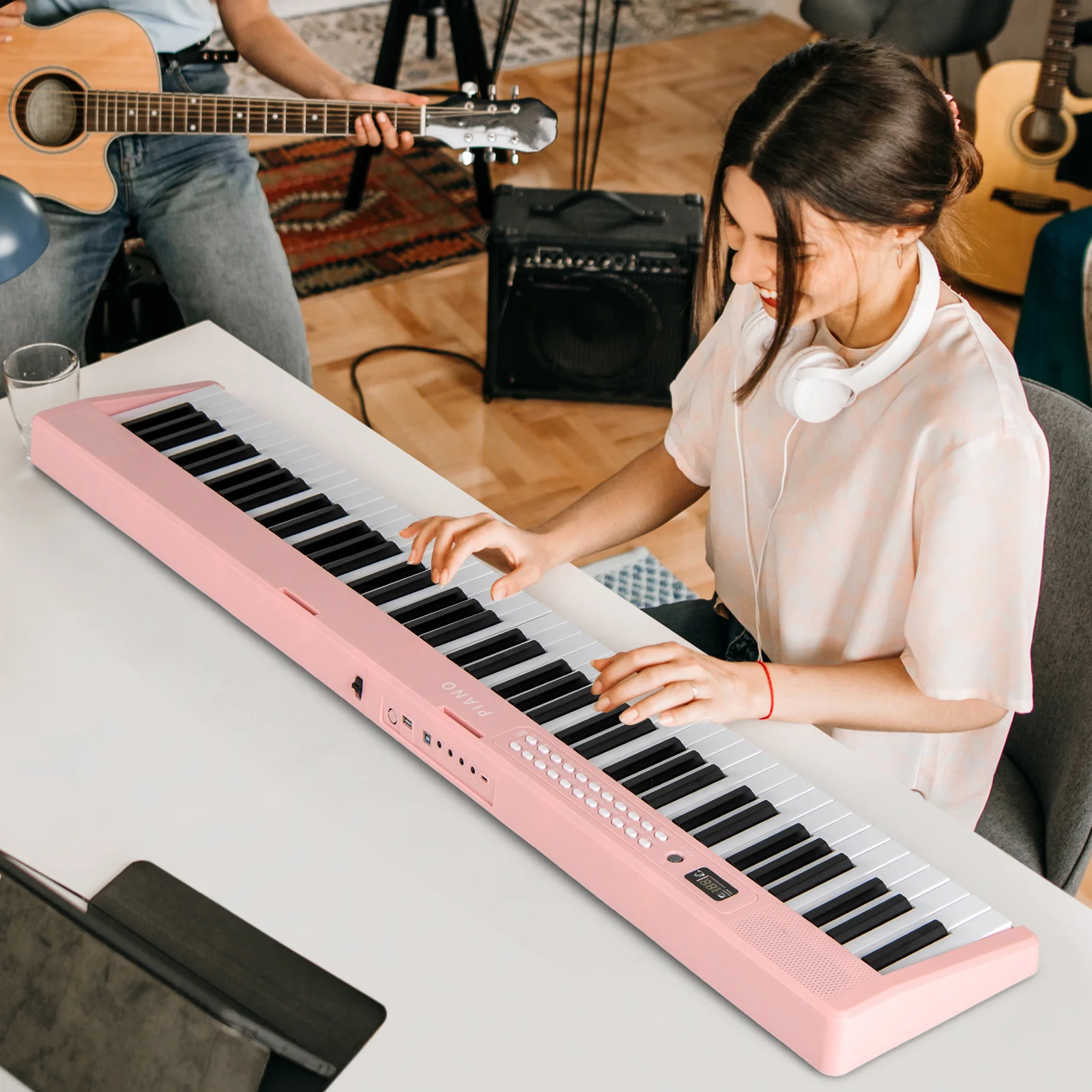 88 Key Foldable Electric Keyboard Piano, Wireless MIDI, Dual Speakers, Pink - Image 2