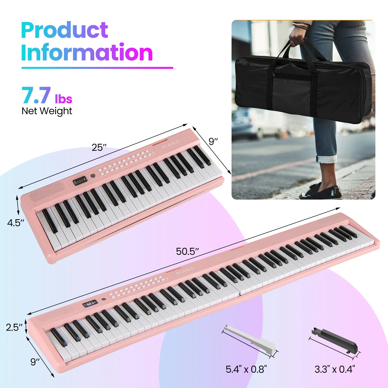 88 Key Foldable Electric Keyboard Piano, Wireless MIDI, Dual Speakers, Pink - Image 5