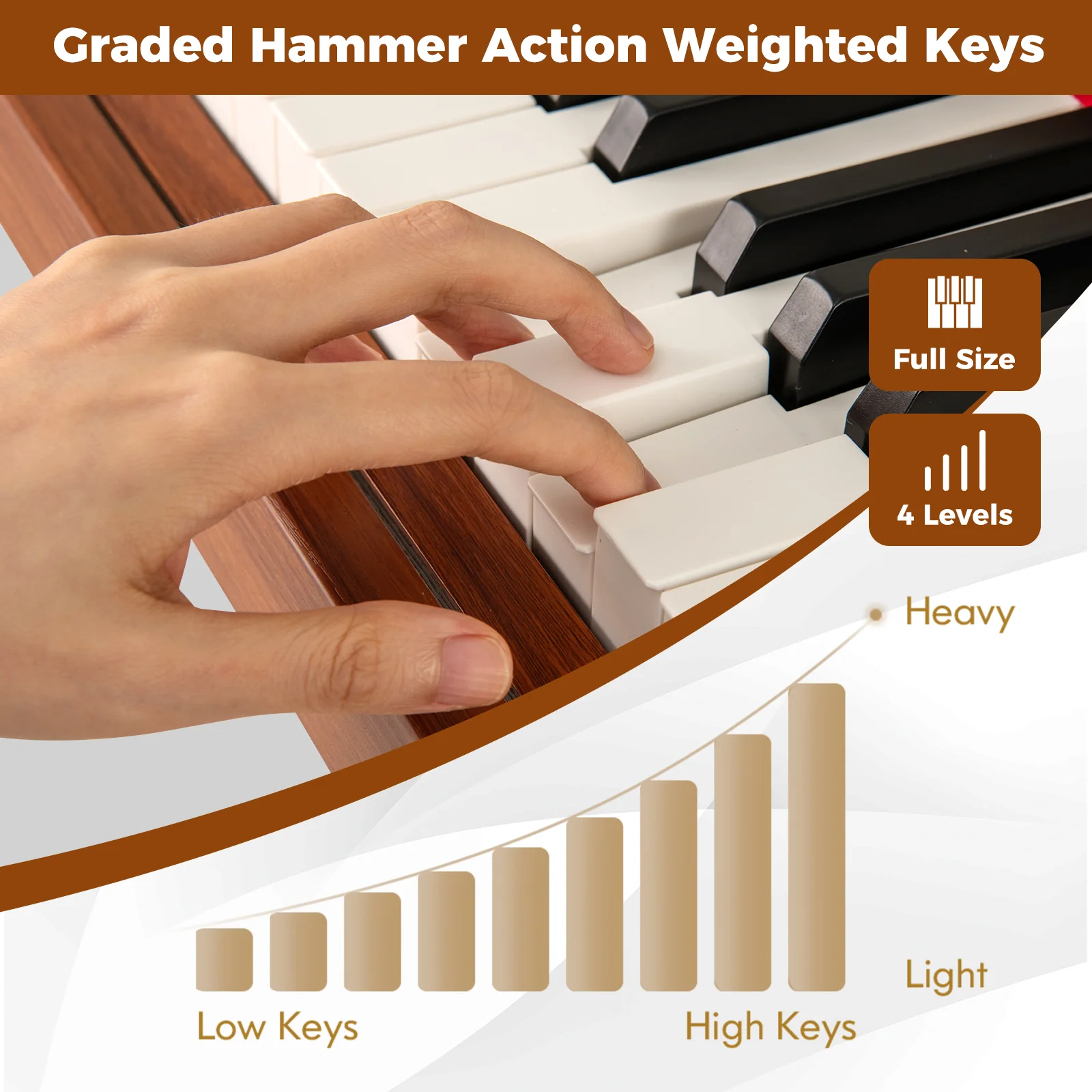 88-Key Graded Hammer Action Weighted Keyboard, Brown - Image 7