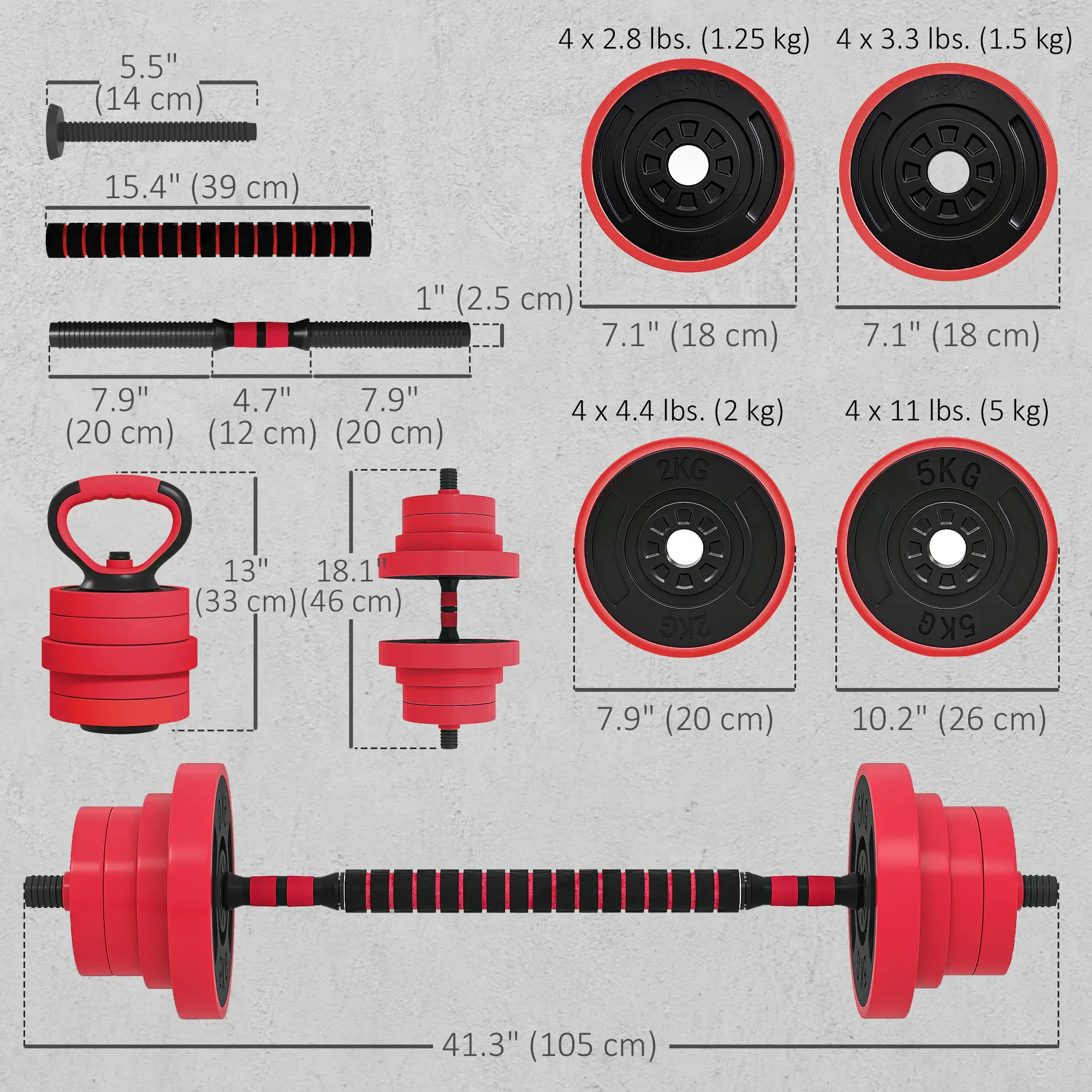 88lbs 4-in-1 Adjustable Dumbbell Set, Barbell, Kettlebell, Push Up Stand, Red - Image 3