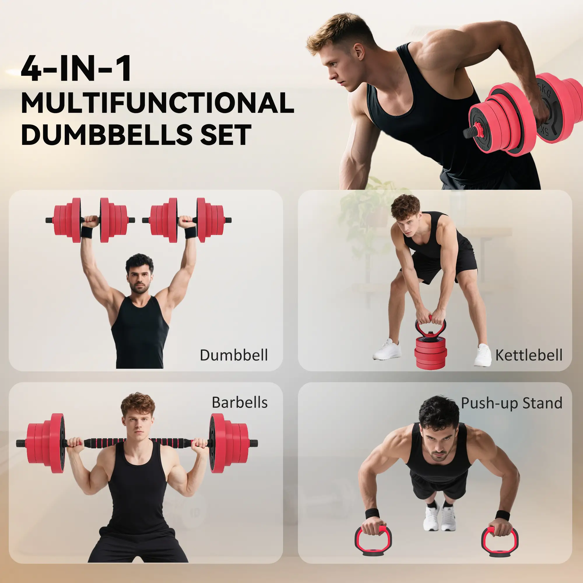 88lbs 4-in-1 Adjustable Dumbbell Set, Barbell, Kettlebell, Push Up Stand, Red - Image 4