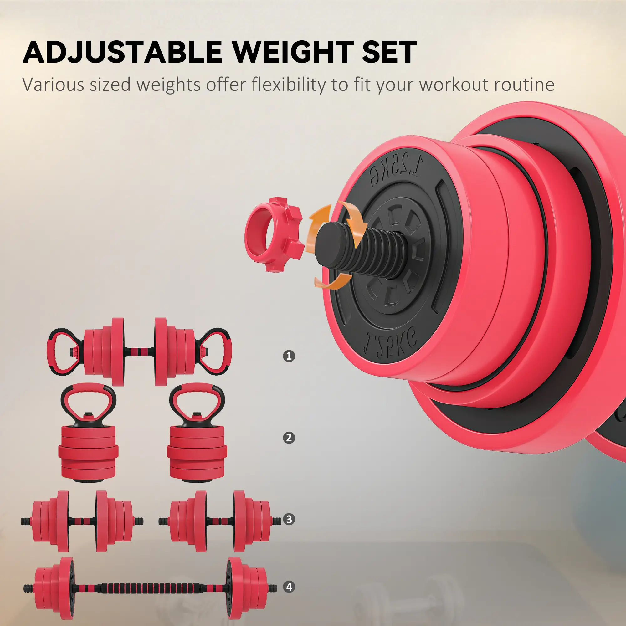 88lbs 4-in-1 Adjustable Dumbbell Set, Barbell, Kettlebell, Push Up Stand, Red - Image 5