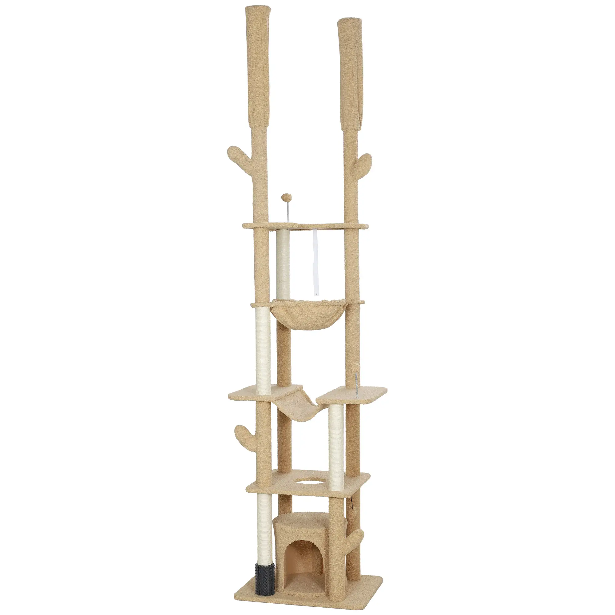 89"-100" Cat Tree Tower for Large Cats, Scratching Posts, Grooming Brush, Brown