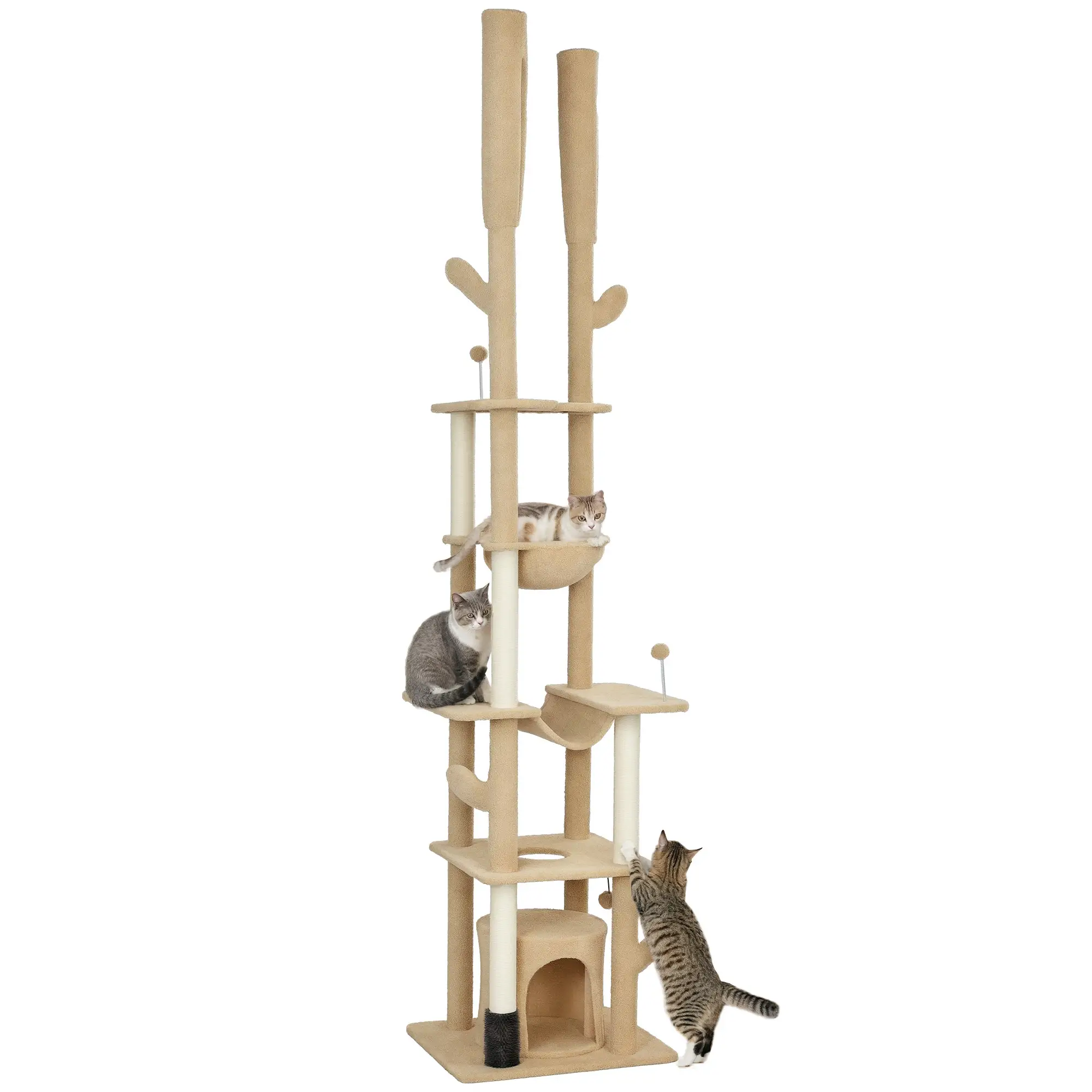 89"-100" Cat Tree Tower for Large Cats, Scratching Posts, Grooming Brush, Brown - Image 11