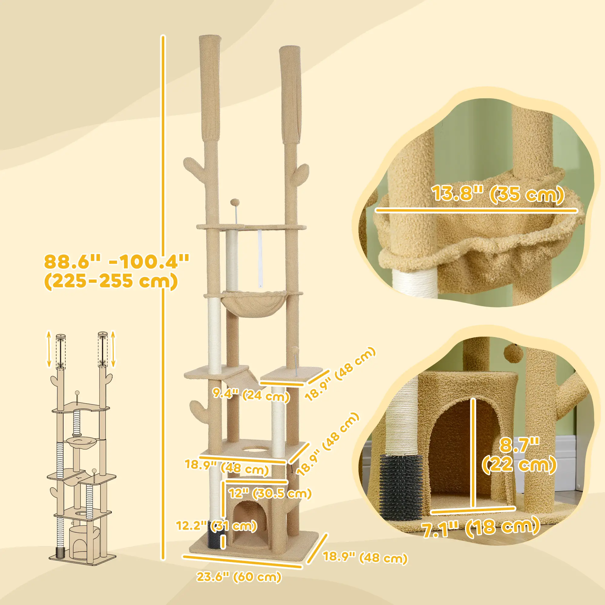 89"-100" Cat Tree Tower for Large Cats, Scratching Posts, Grooming Brush, Brown - Image 3