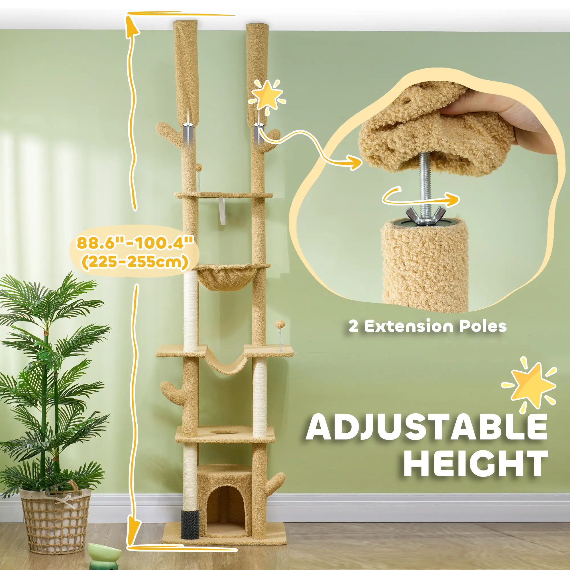 89"-100" Cat Tree Tower for Large Cats, Scratching Posts, Grooming Brush, Brown - Image 4