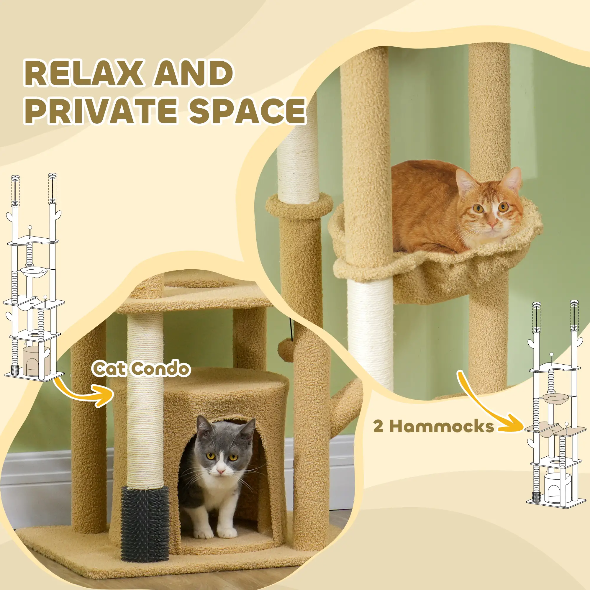 89"-100" Cat Tree Tower for Large Cats, Scratching Posts, Grooming Brush, Brown - Image 5