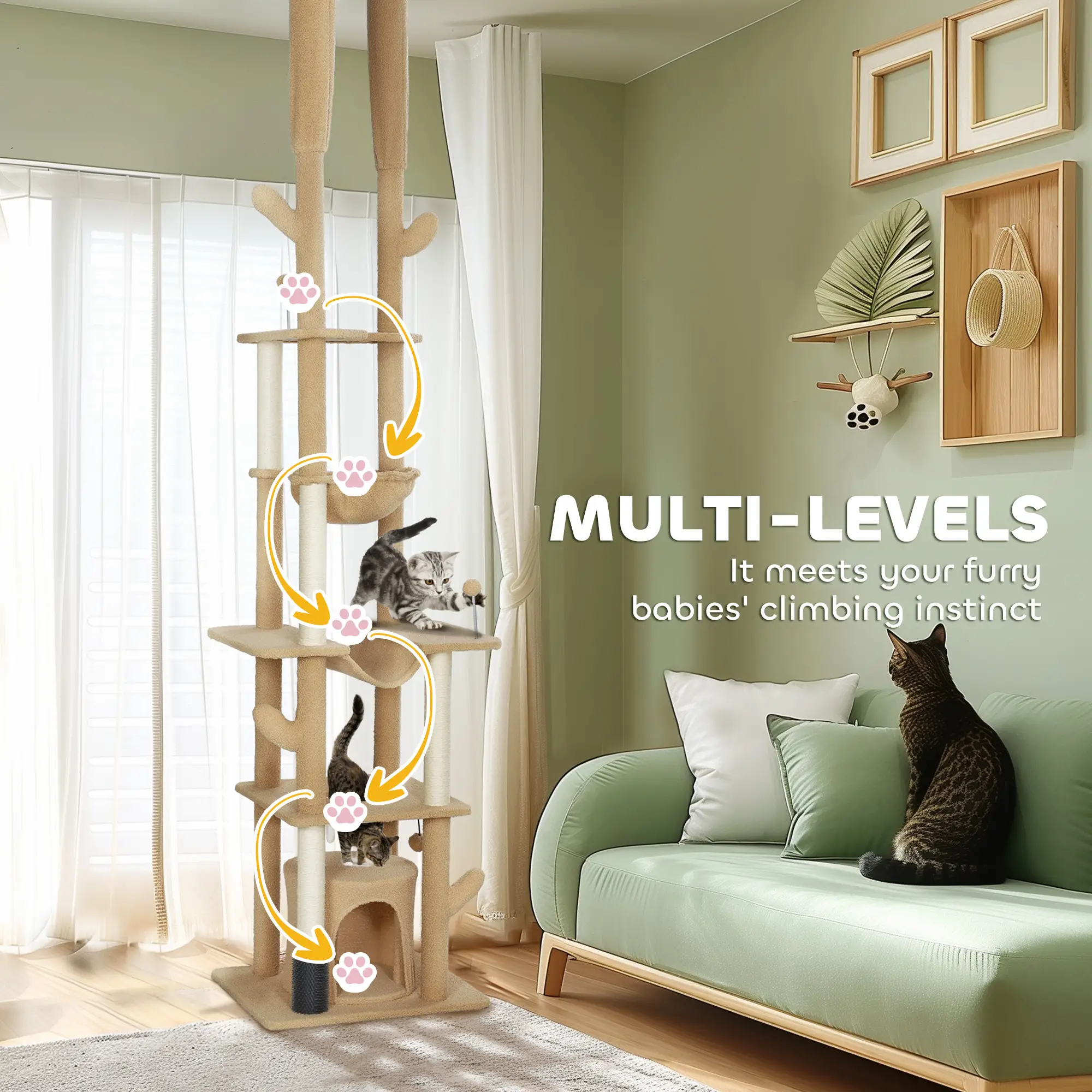 89"-100" Cat Tree Tower for Large Cats, Scratching Posts, Grooming Brush, Brown - Image 6