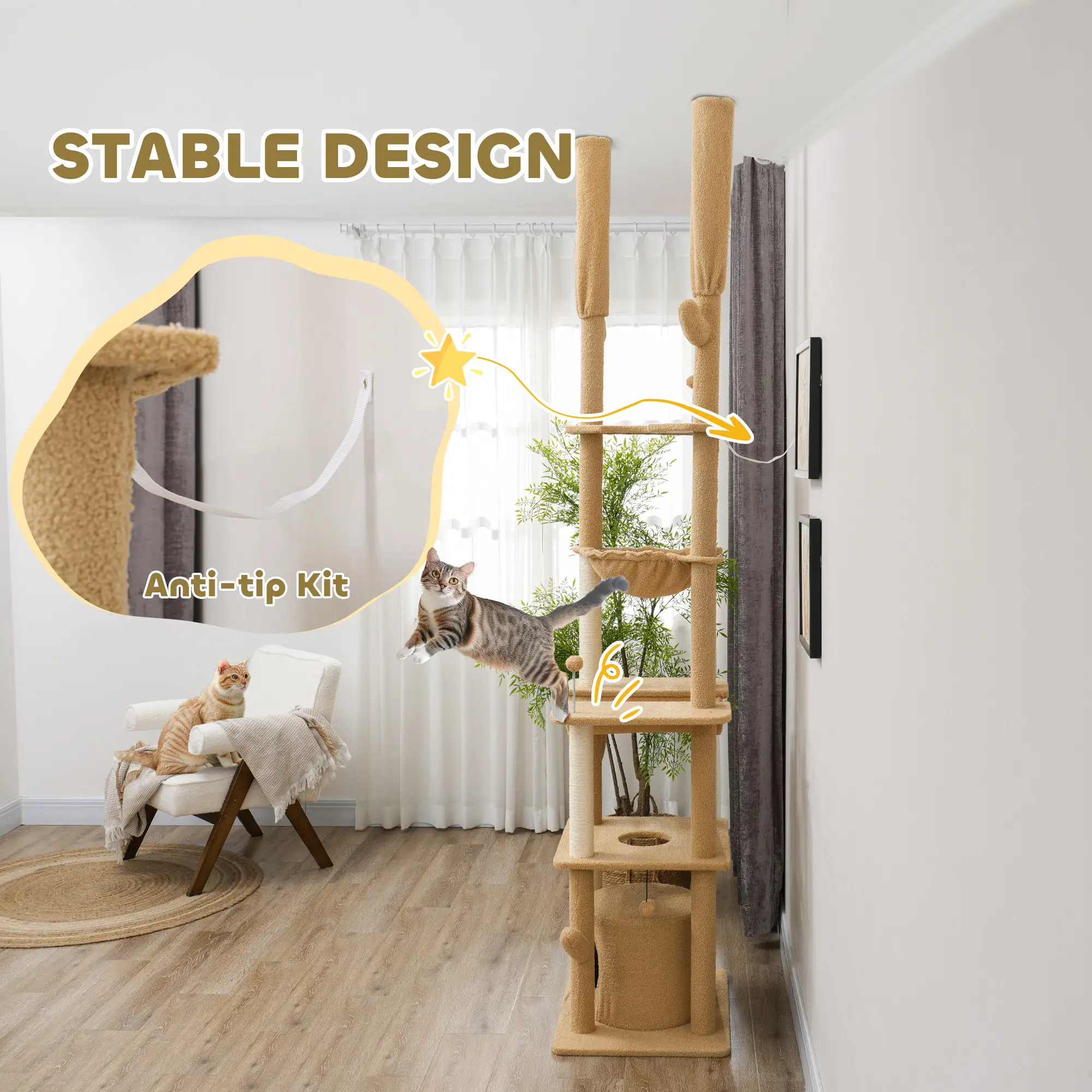 89"-100" Cat Tree Tower for Large Cats, Scratching Posts, Grooming Brush, Brown - Image 7