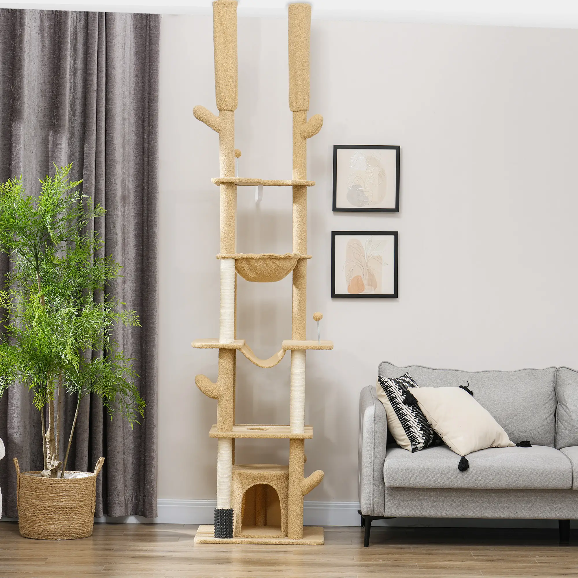 89"-100" Cat Tree Tower for Large Cats, Scratching Posts, Grooming Brush, Brown - Image 8