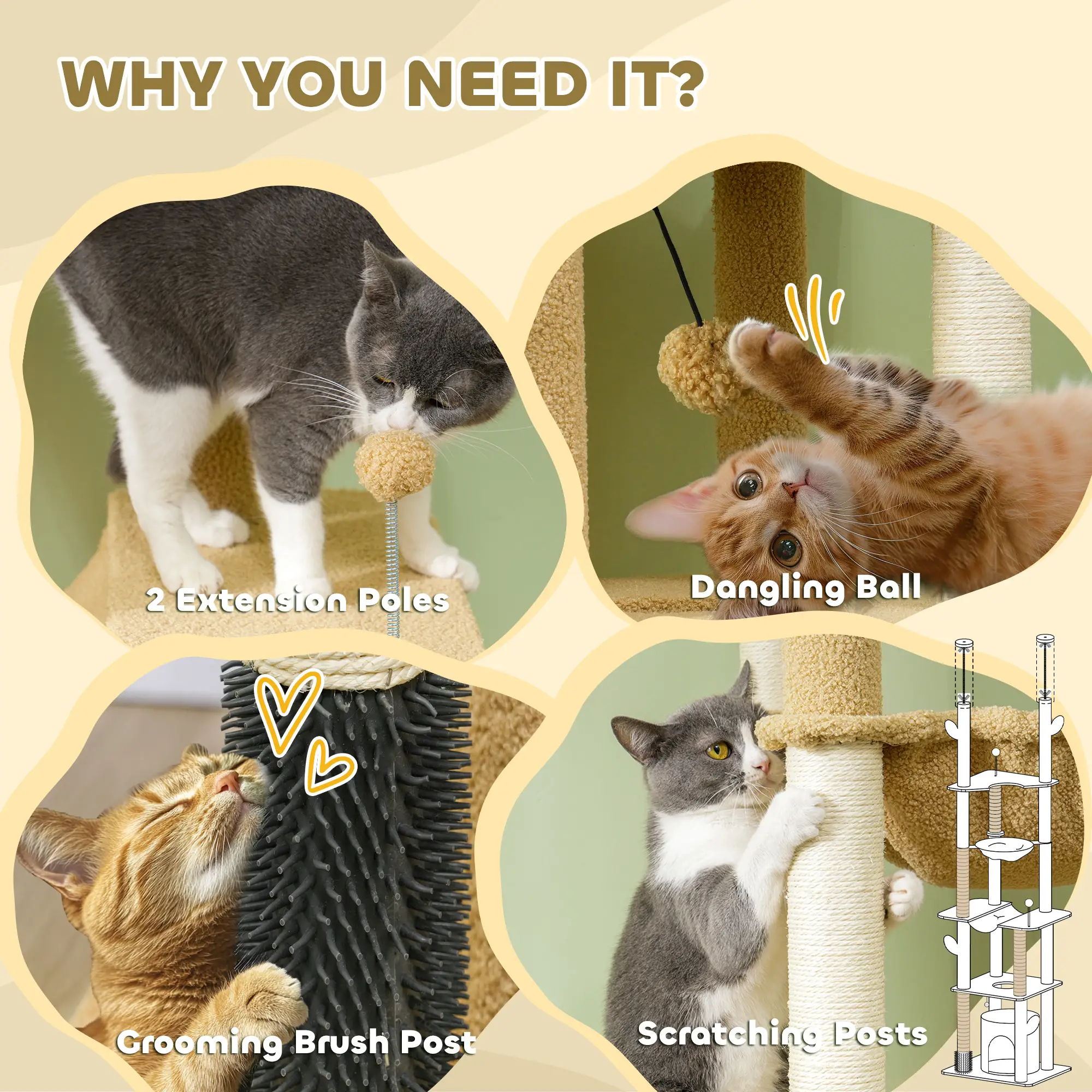 89"-100" Cat Tree Tower for Large Cats, Scratching Posts, Grooming Brush, Brown - Image 9