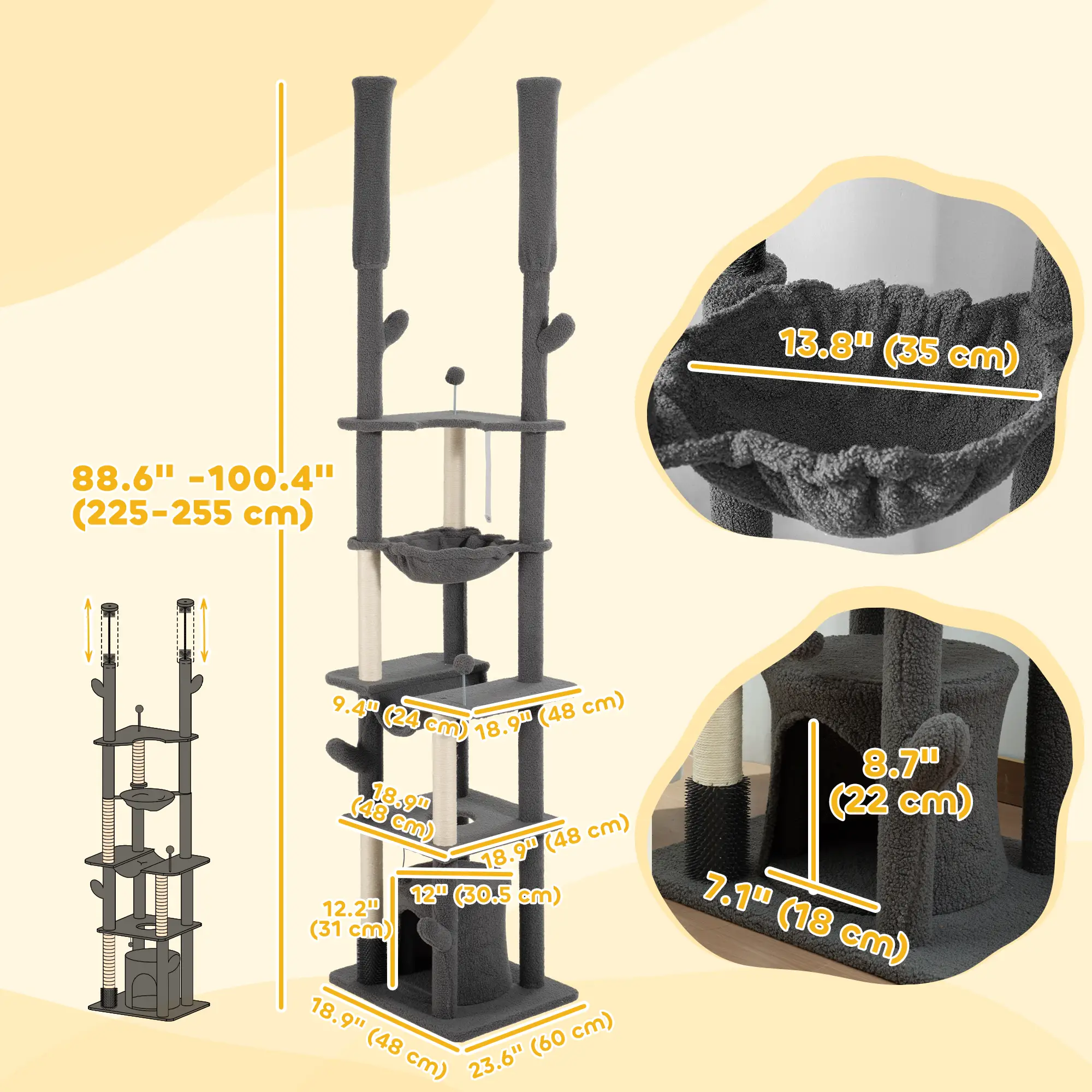89"-100" Cat Tree Tower for Large Cats, Scratching Posts, Grooming Brush, Grey - Image 3