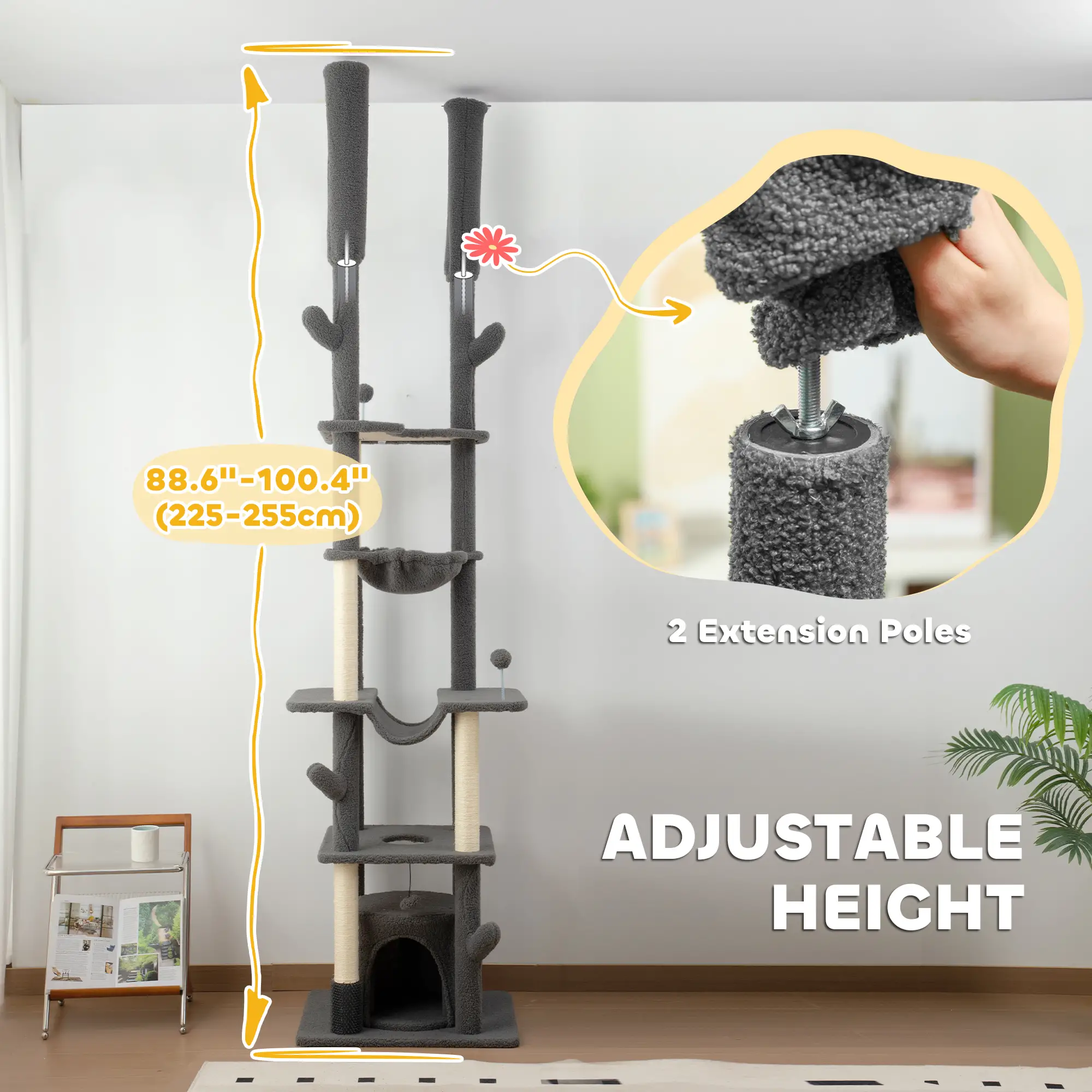 89"-100" Cat Tree Tower for Large Cats, Scratching Posts, Grooming Brush, Grey - Image 4