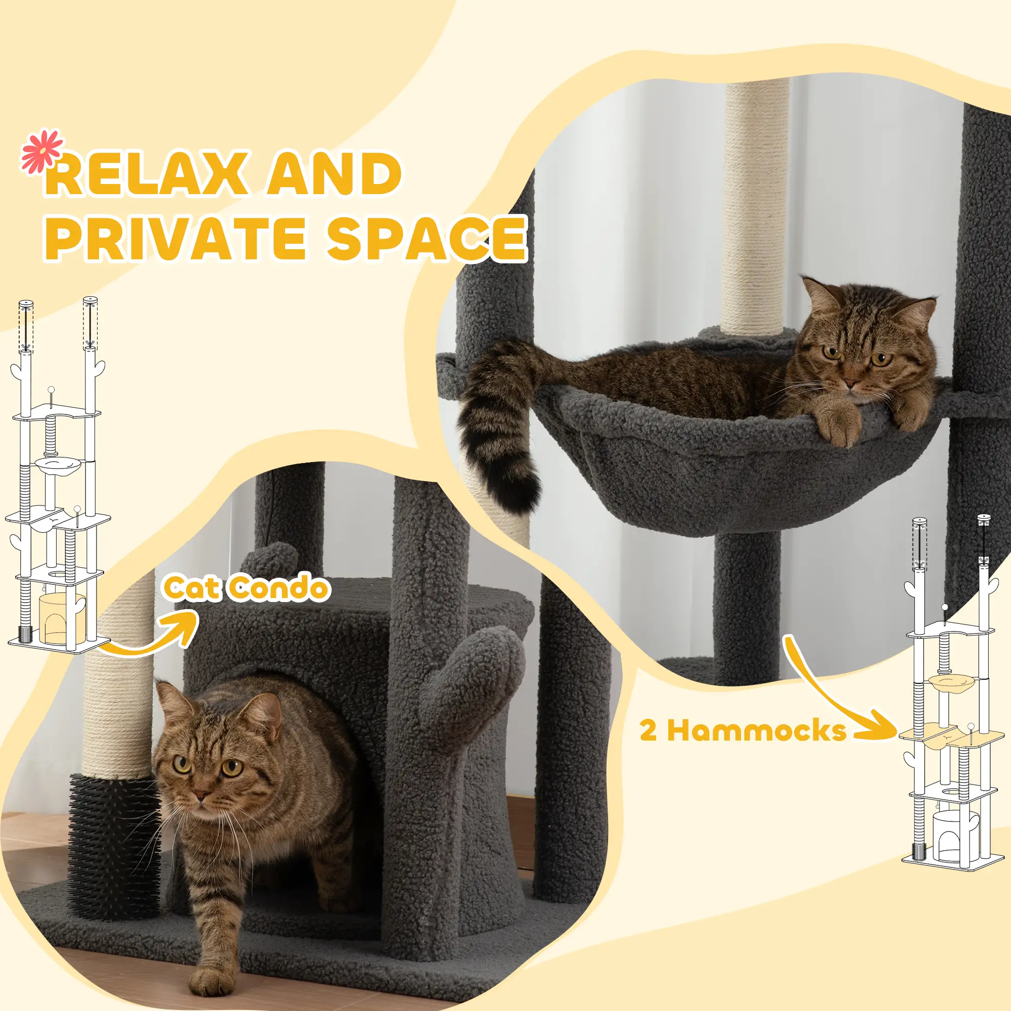 89"-100" Cat Tree Tower for Large Cats, Scratching Posts, Grooming Brush, Grey - Image 5
