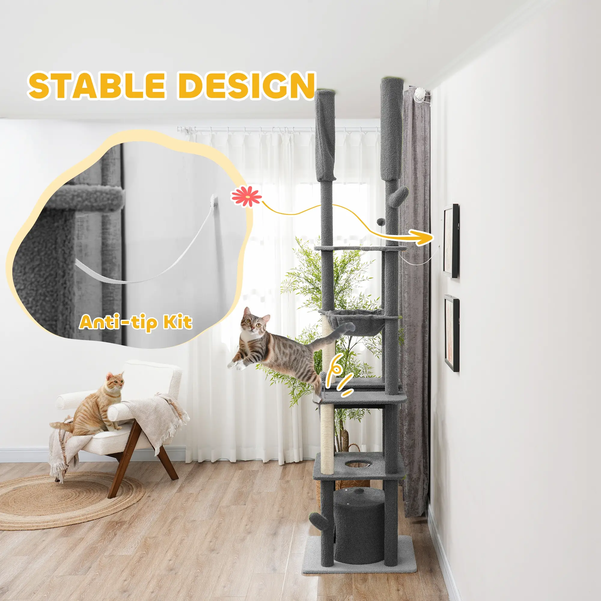 89"-100" Cat Tree Tower for Large Cats, Scratching Posts, Grooming Brush, Grey - Image 7