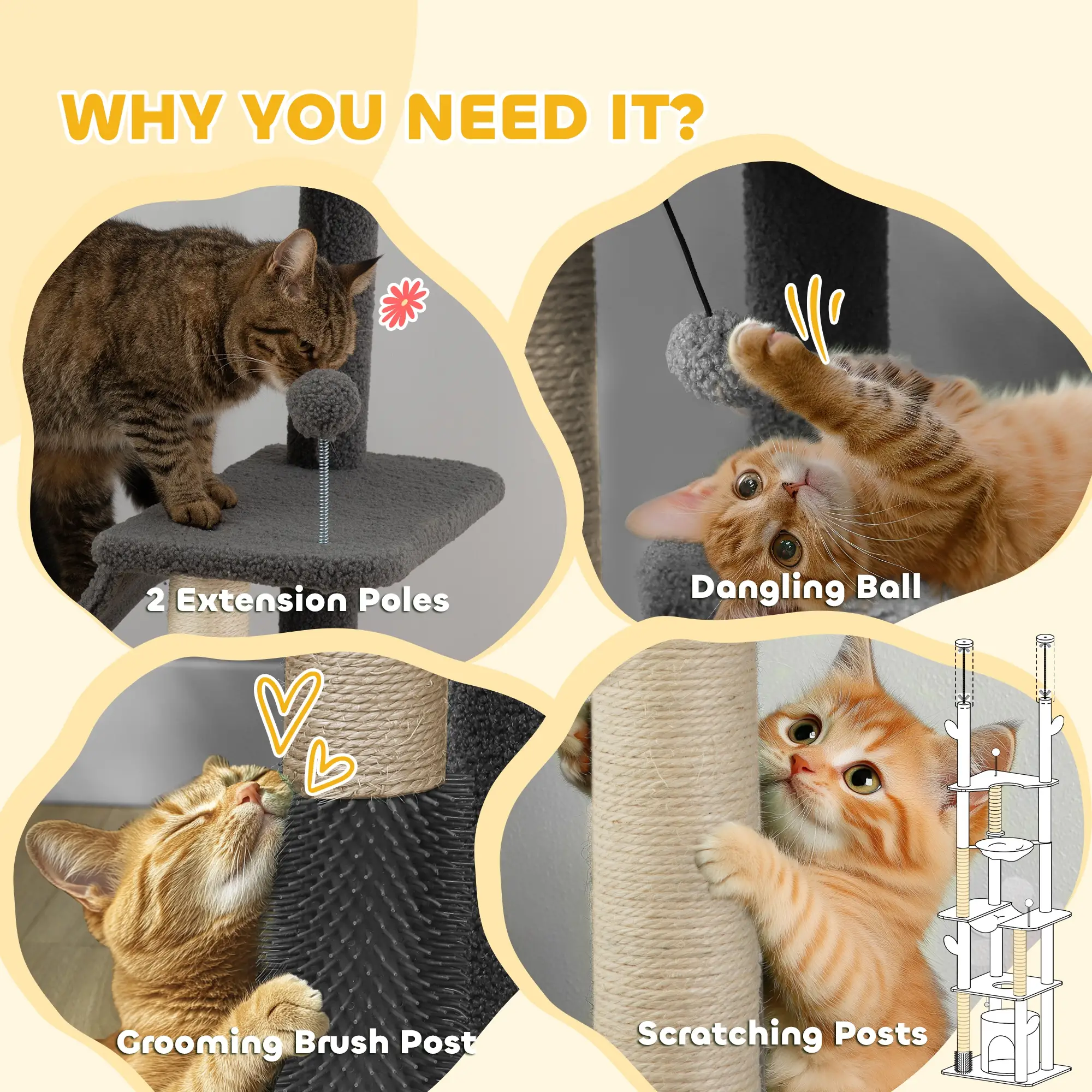89"-100" Cat Tree Tower for Large Cats, Scratching Posts, Grooming Brush, Grey - Image 9