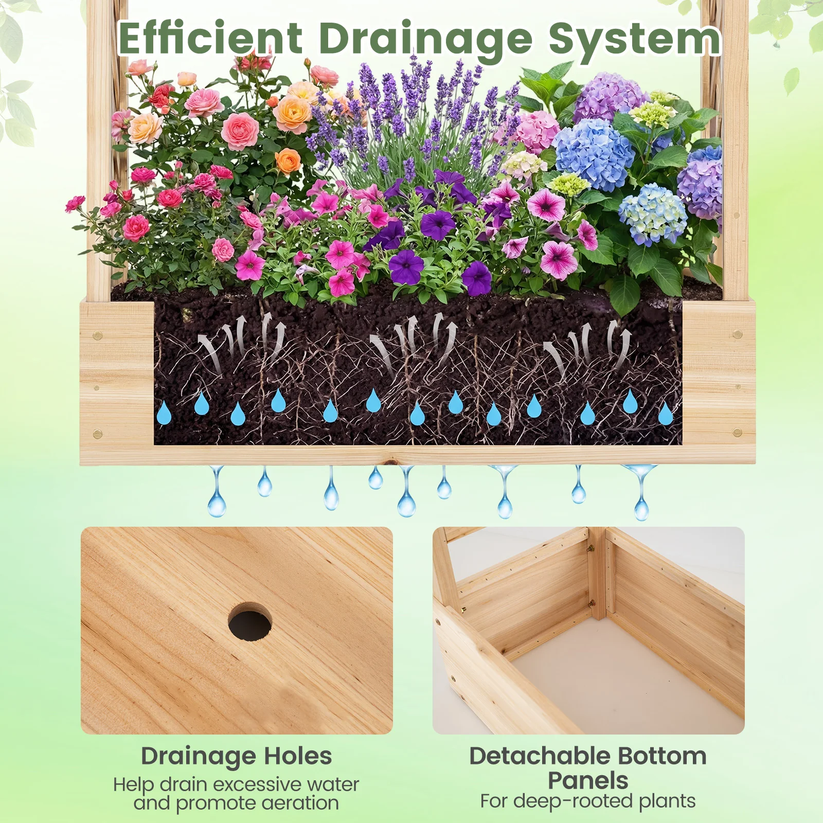89 Inch Tall Wooden Raised Garden Bed with Side Trellis and Hanging Roof Drainage Holes, Natural - Image 10
