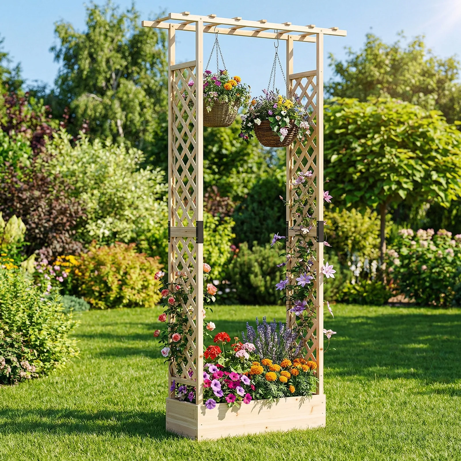 89 Inch Tall Wooden Raised Garden Bed with Side Trellis and Hanging Roof Drainage Holes, Natural - Image 2