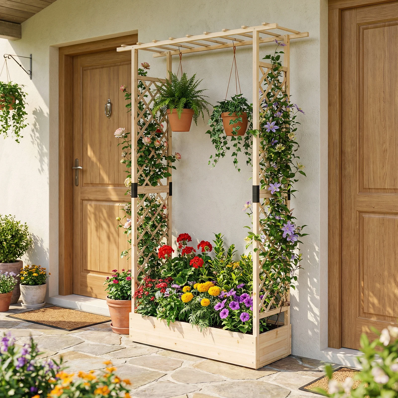 89 Inch Tall Wooden Raised Garden Bed with Side Trellis and Hanging Roof Drainage Holes, Natural - Image 3