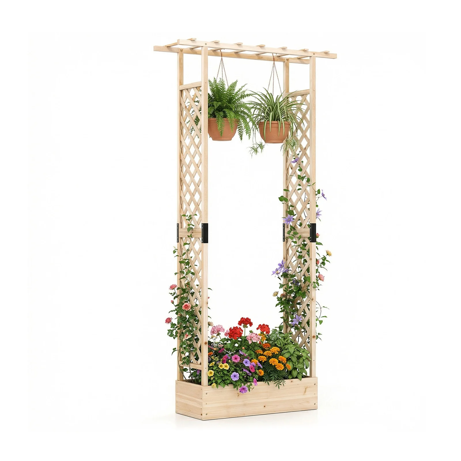 89 Inch Tall Wooden Raised Garden Bed with Side Trellis and Hanging Roof Drainage Holes, Natural - Image 4