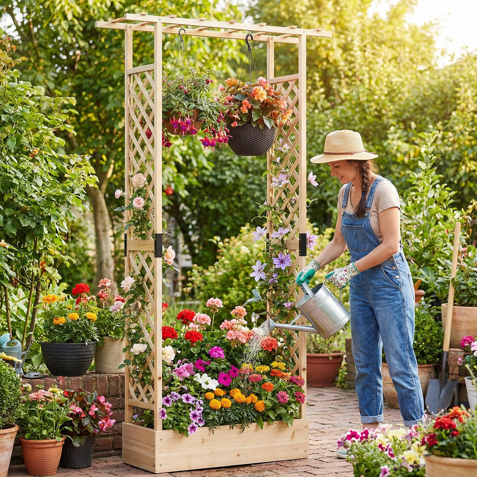 89 Inch Tall Wooden Raised Garden Bed with Side Trellis and Hanging Roof Drainage Holes, Natural - Image 6