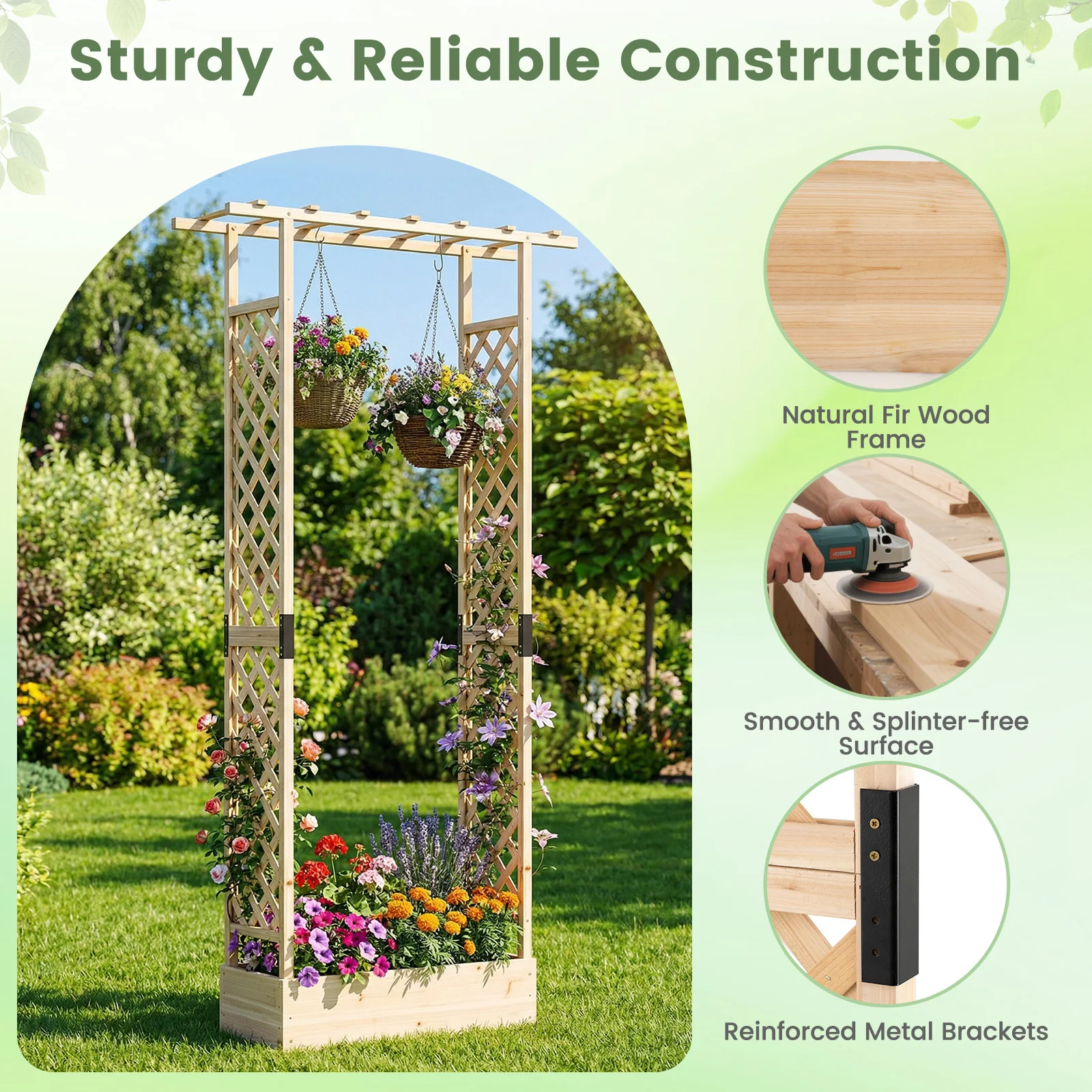 89 Inch Tall Wooden Raised Garden Bed with Side Trellis and Hanging Roof Drainage Holes, Natural - Image 7