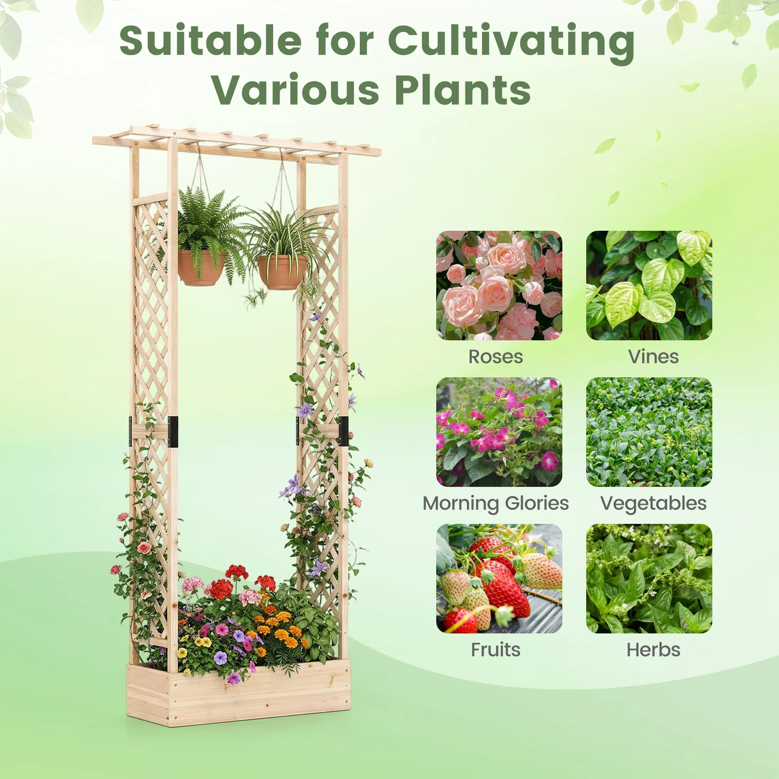 89 Inch Tall Wooden Raised Garden Bed with Side Trellis and Hanging Roof Drainage Holes, Natural - Image 9