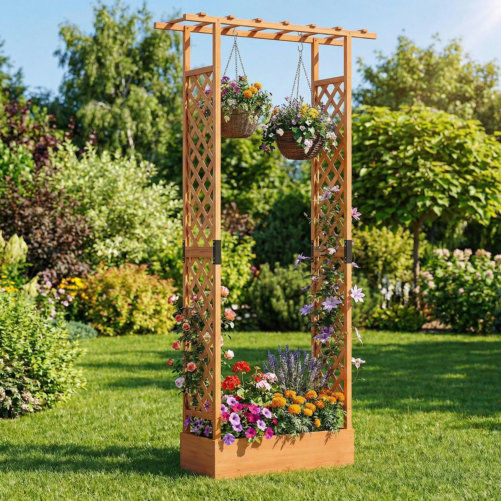 89 Inch Tall Wooden Raised Garden Bed with Side Trellis and Hanging Roof Drainage Holes, Orange - Image 2