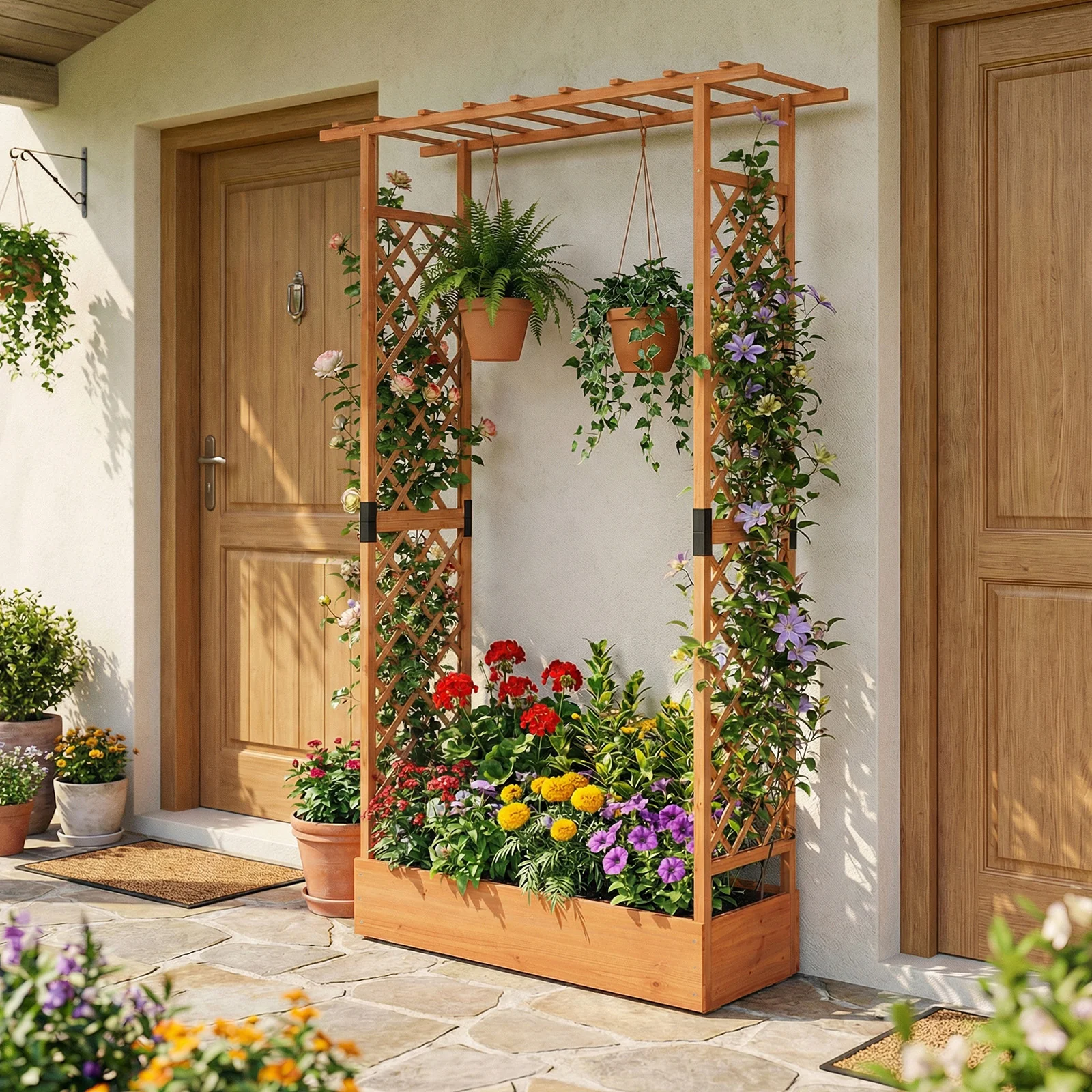 89 Inch Tall Wooden Raised Garden Bed with Side Trellis and Hanging Roof Drainage Holes, Orange - Image 3
