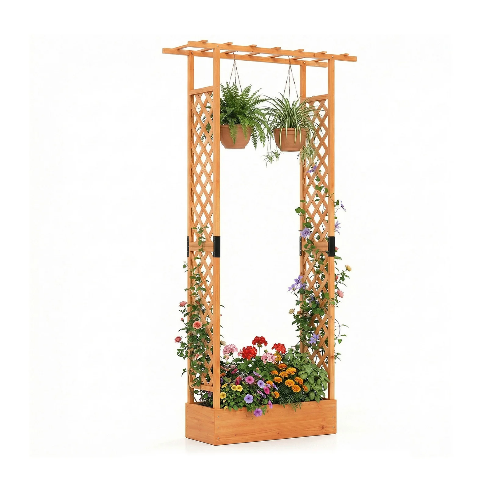 89 Inch Tall Wooden Raised Garden Bed with Side Trellis and Hanging Roof Drainage Holes, Orange - Image 4
