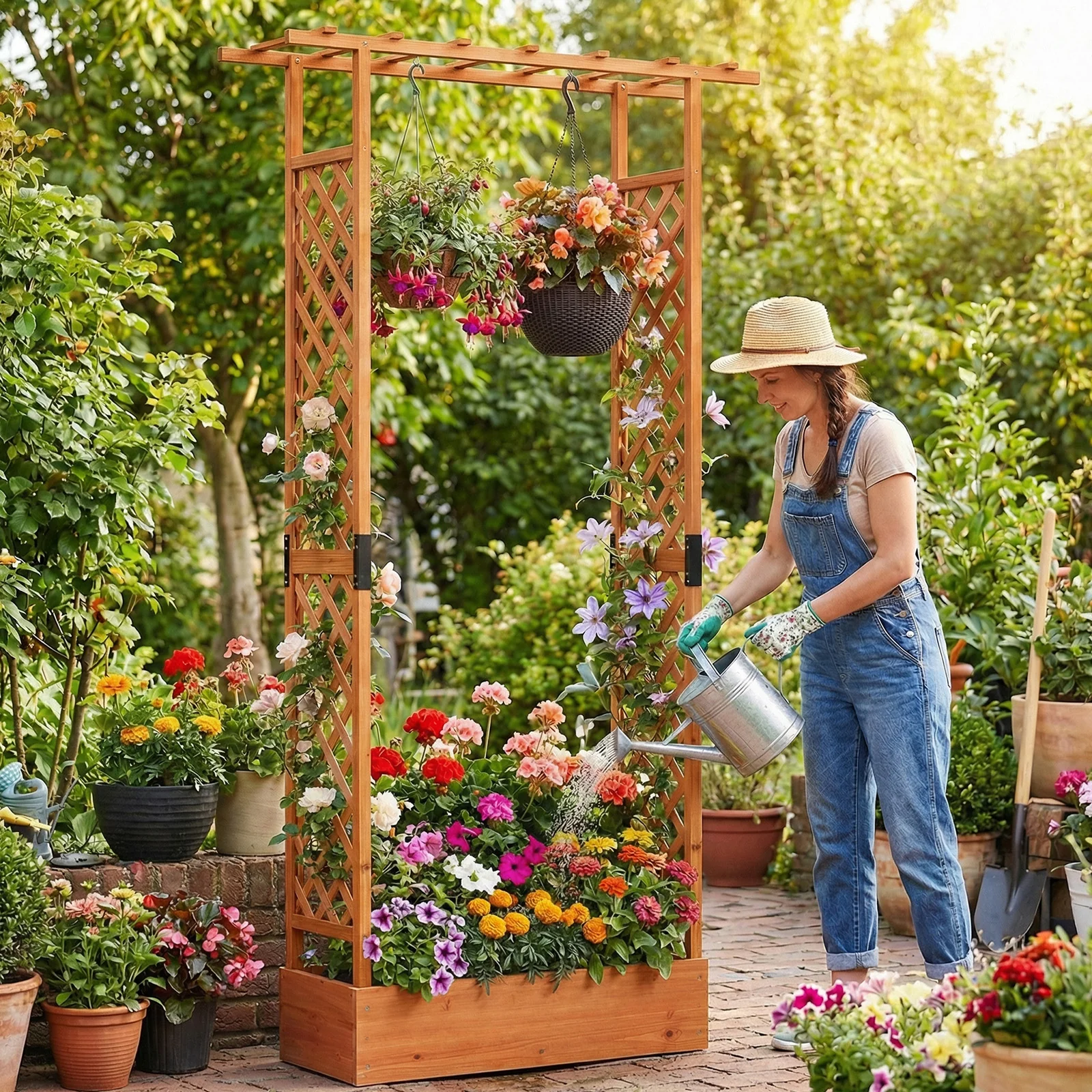 89 Inch Tall Wooden Raised Garden Bed with Side Trellis and Hanging Roof Drainage Holes, Orange - Image 6