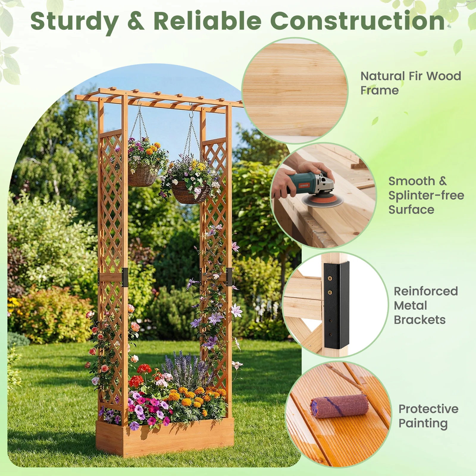 89 Inch Tall Wooden Raised Garden Bed with Side Trellis and Hanging Roof Drainage Holes, Orange - Image 7