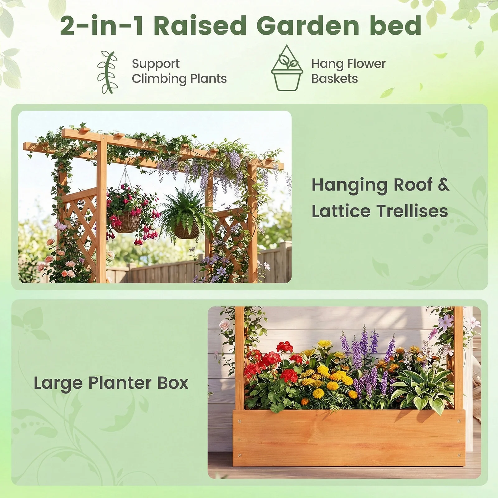 89 Inch Tall Wooden Raised Garden Bed with Side Trellis and Hanging Roof Drainage Holes, Orange - Image 8
