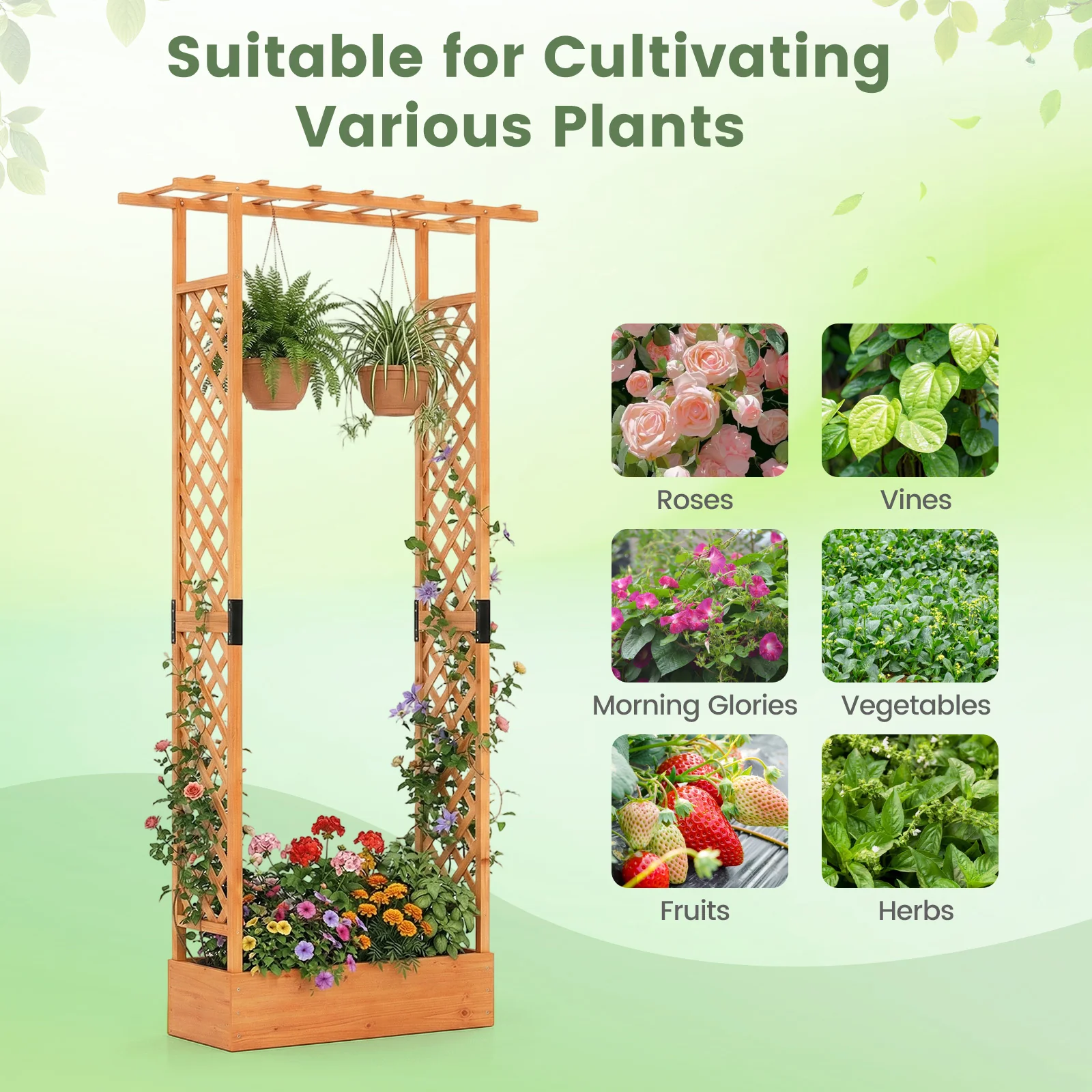 89 Inch Tall Wooden Raised Garden Bed with Side Trellis and Hanging Roof Drainage Holes, Orange - Image 9