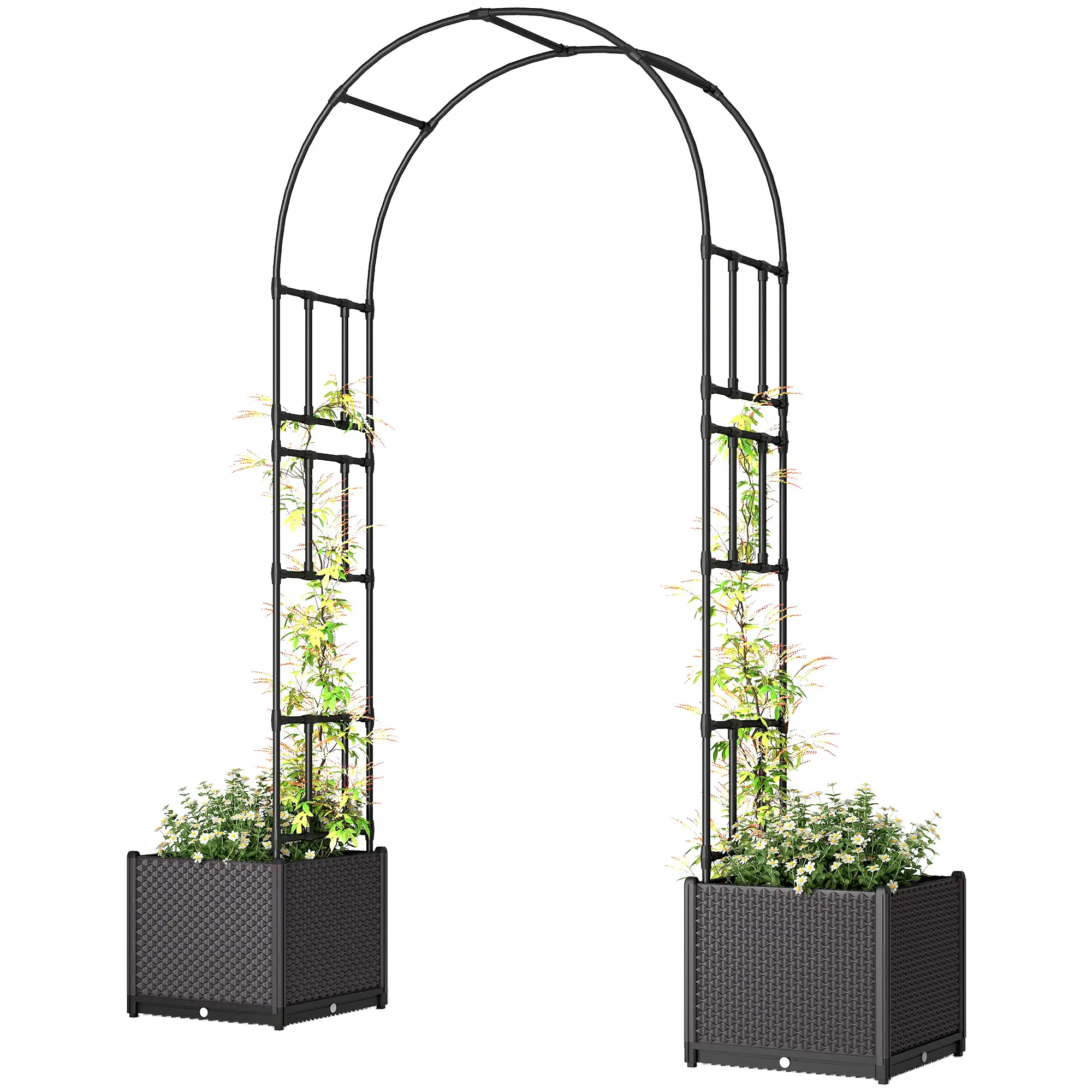 8ft Garden Arch with Planters, Steel Trellis Arbor, Brown, Black - Image 11