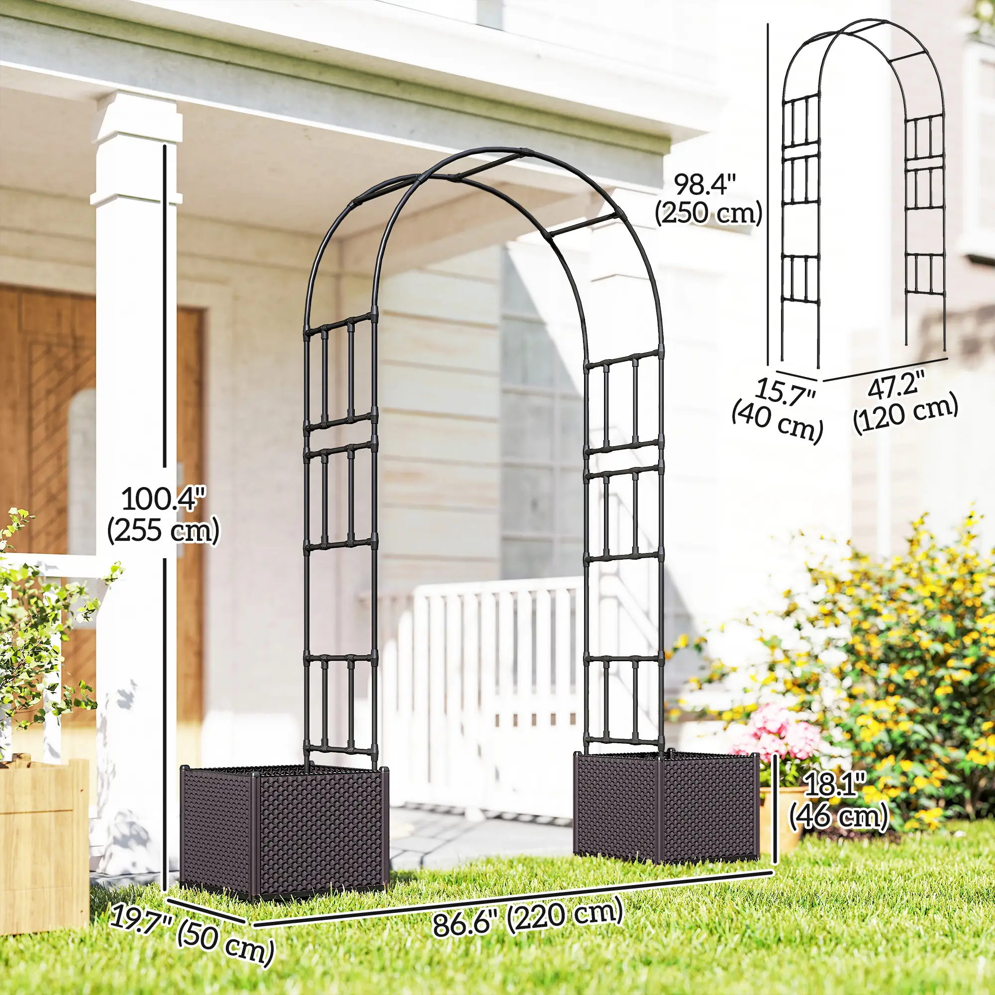 8ft Garden Arch with Planters, Steel Trellis Arbor, Brown, Black - Image 3