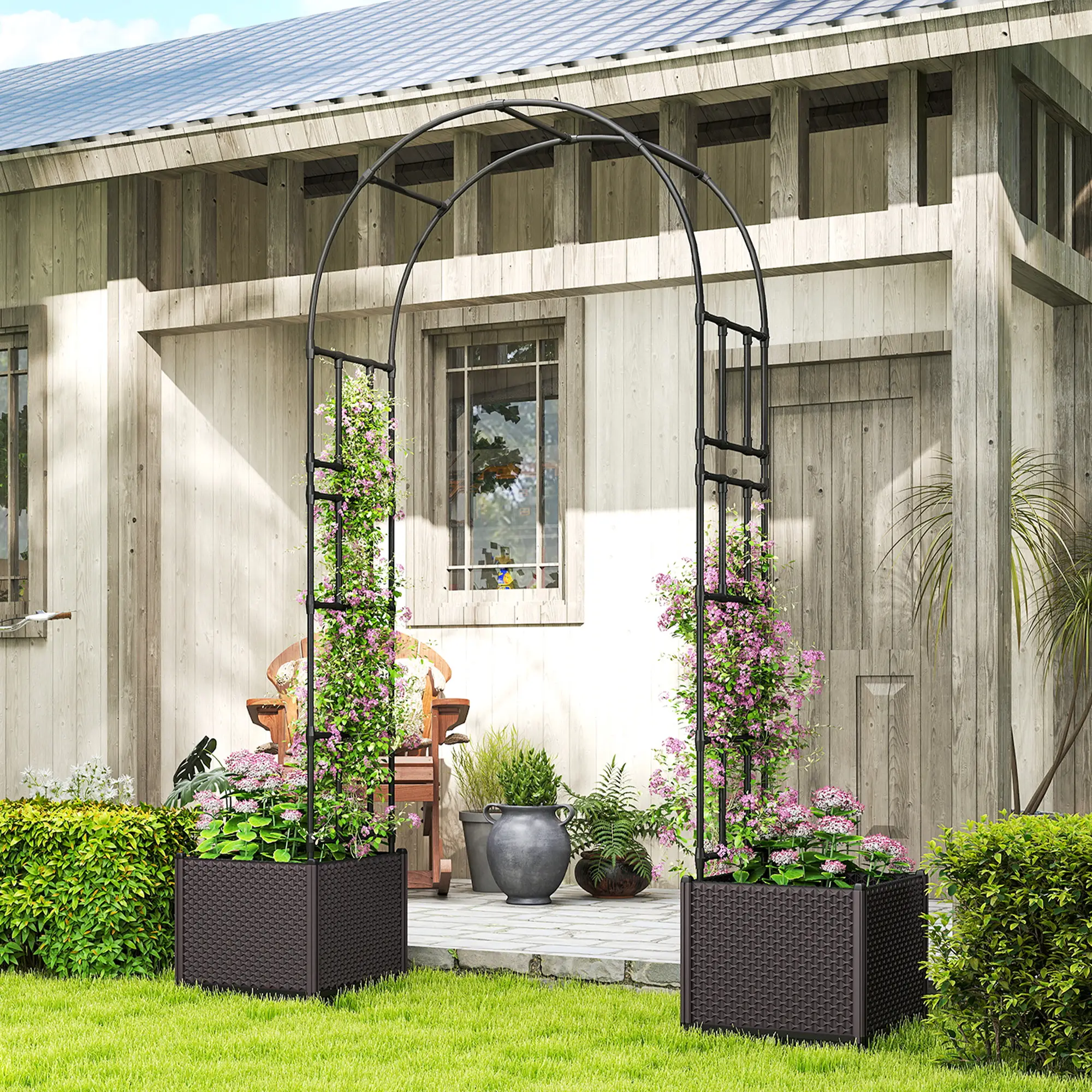 8ft Garden Arch with Planters, Steel Trellis Arbor, Brown, Black - Image 8