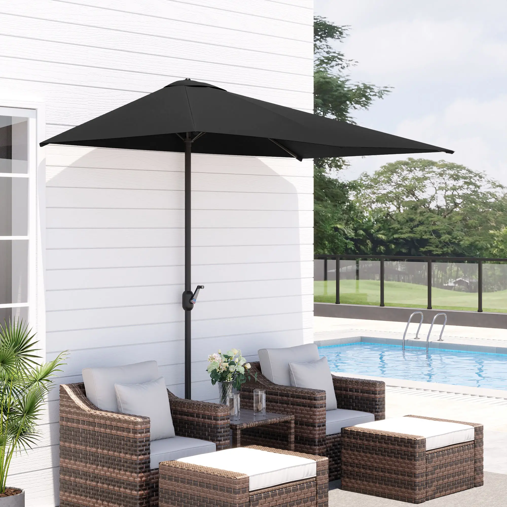 8ft Half Round Umbrella, Outdoor Balcony Parasol, Patio Garden Sun Shade, 5 Ribs - Image 2