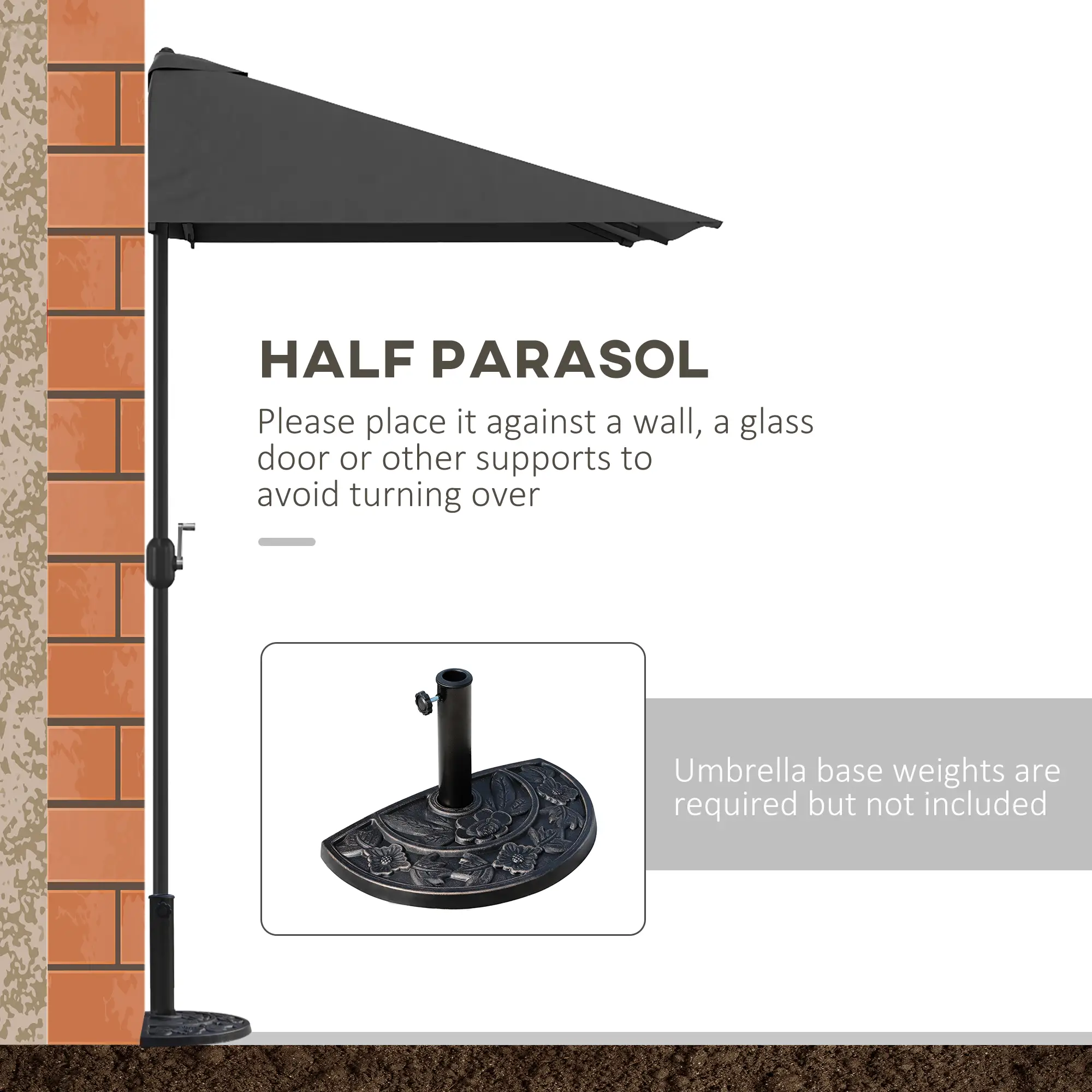 8ft Half Round Umbrella, Outdoor Balcony Parasol, Patio Garden Sun Shade, 5 Ribs - Image 4
