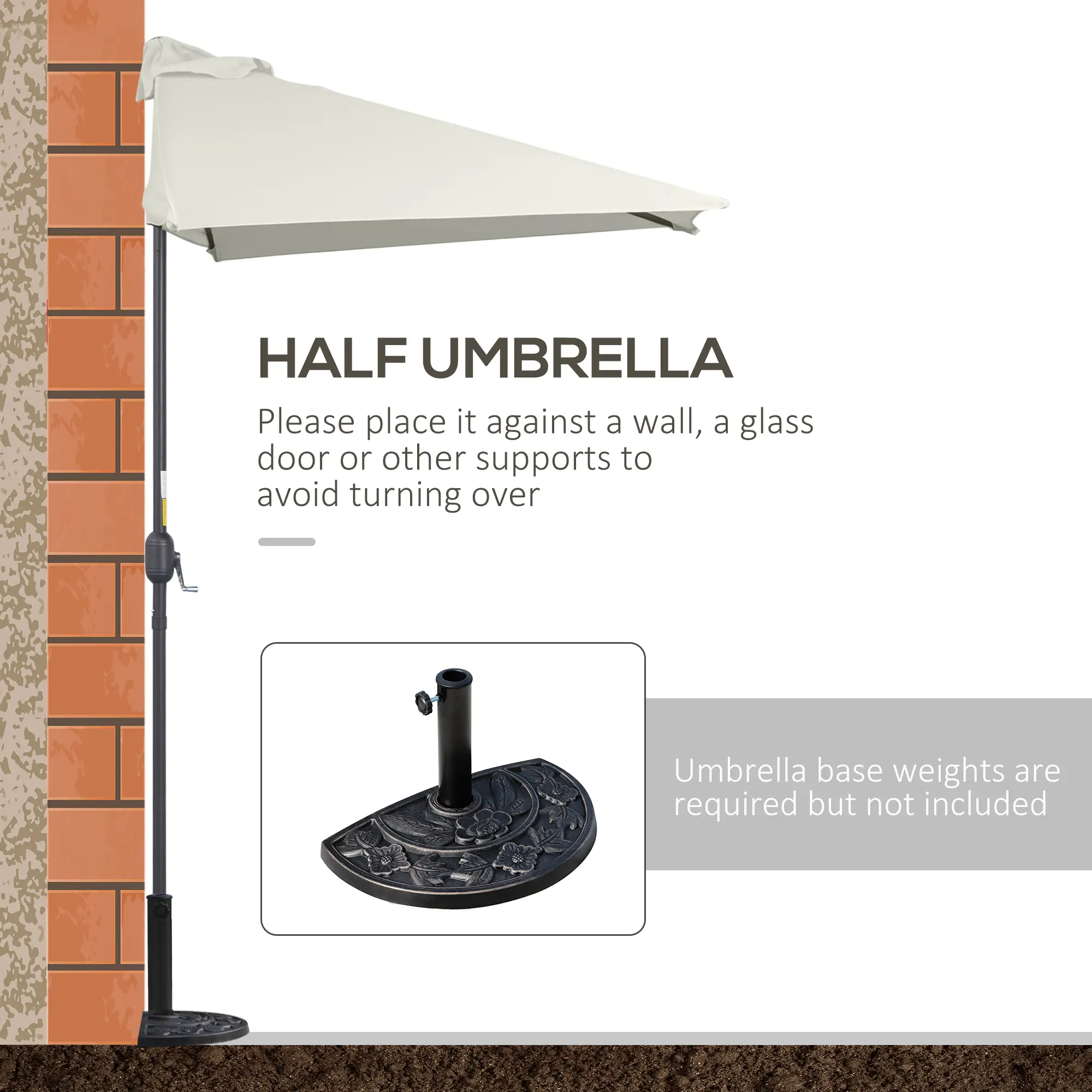 8ft Half Umbrella, Outdoor Balcony Parasol, 5 Ribs, Beige - Image 6