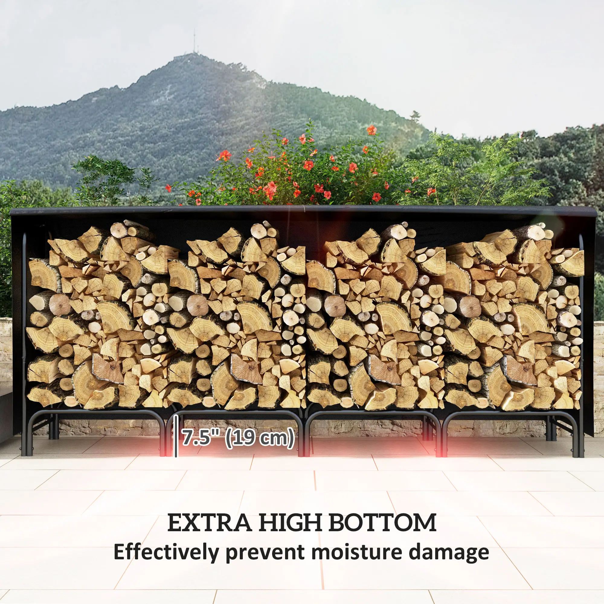 8ft Outdoor Firewood Rack With Cover, Adjustable Wood Storage, Black - Image 5