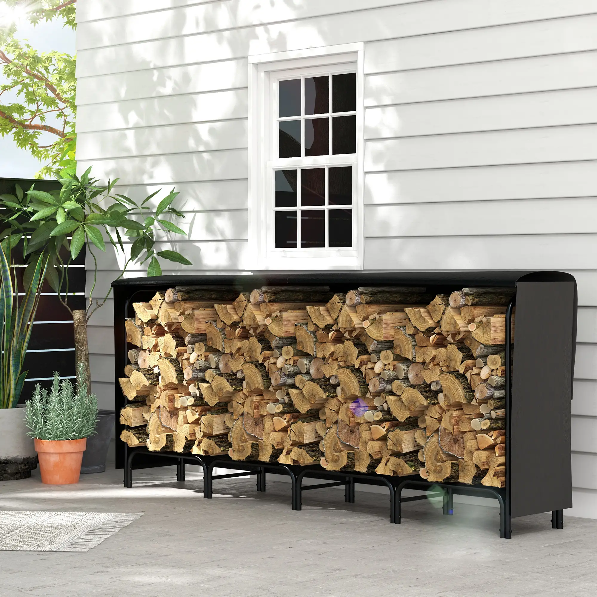 8ft Outdoor Firewood Rack With Cover, Adjustable Wood Storage, Black - Image 8