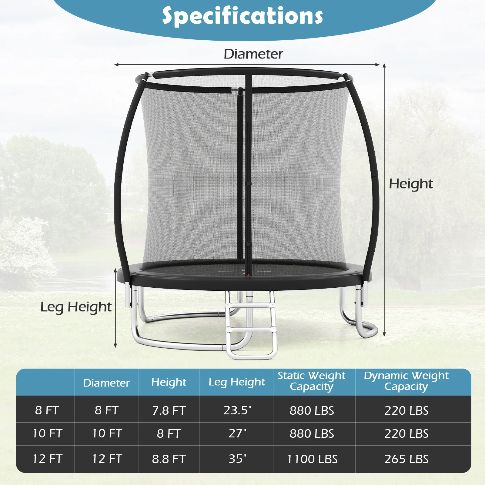 8FT Outdoor Heavy-Duty Trampoline, Black - Image 3