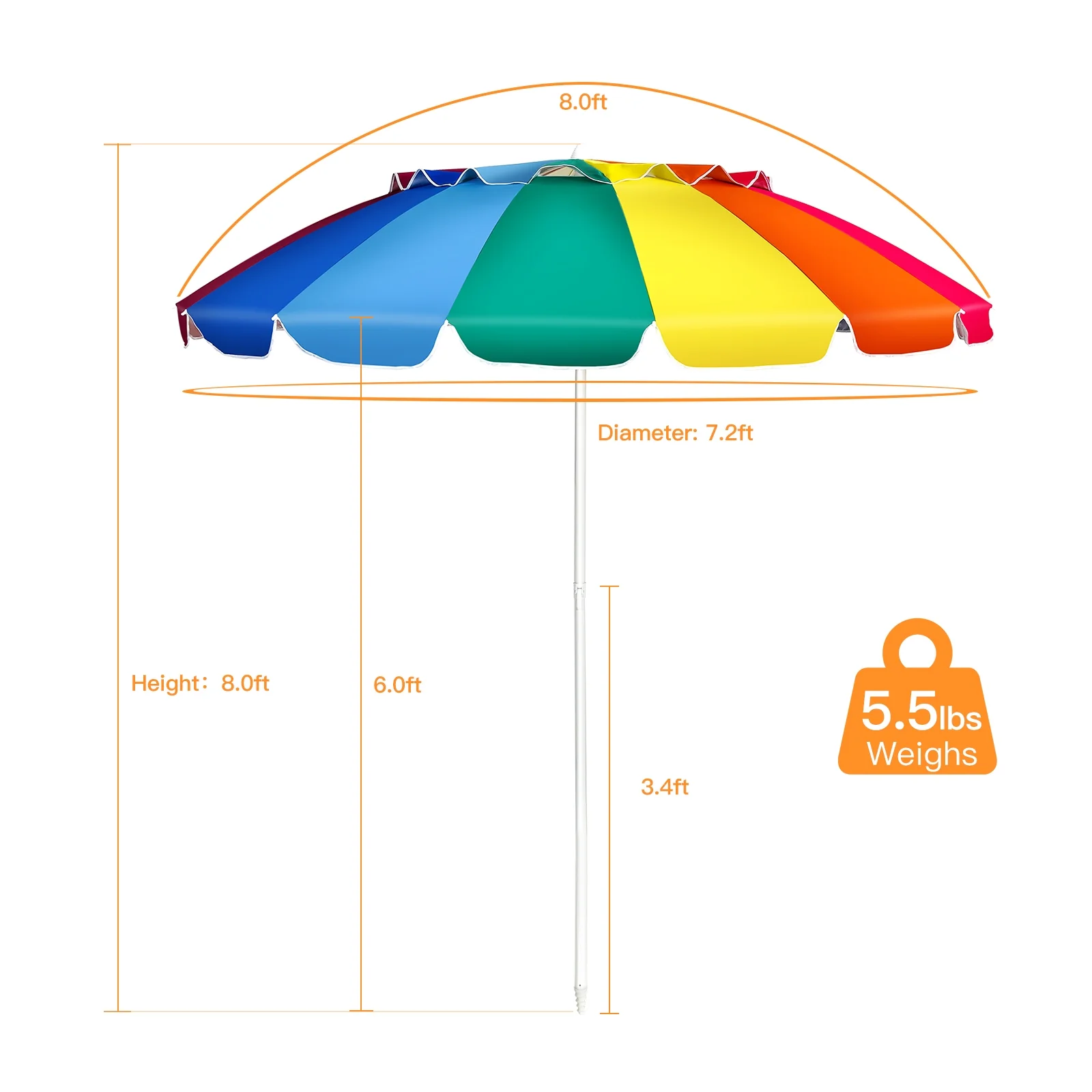 8FT Portable Beach Umbrella, Sand Anchor, Tilt Mechanism, Multicolor - Image 6