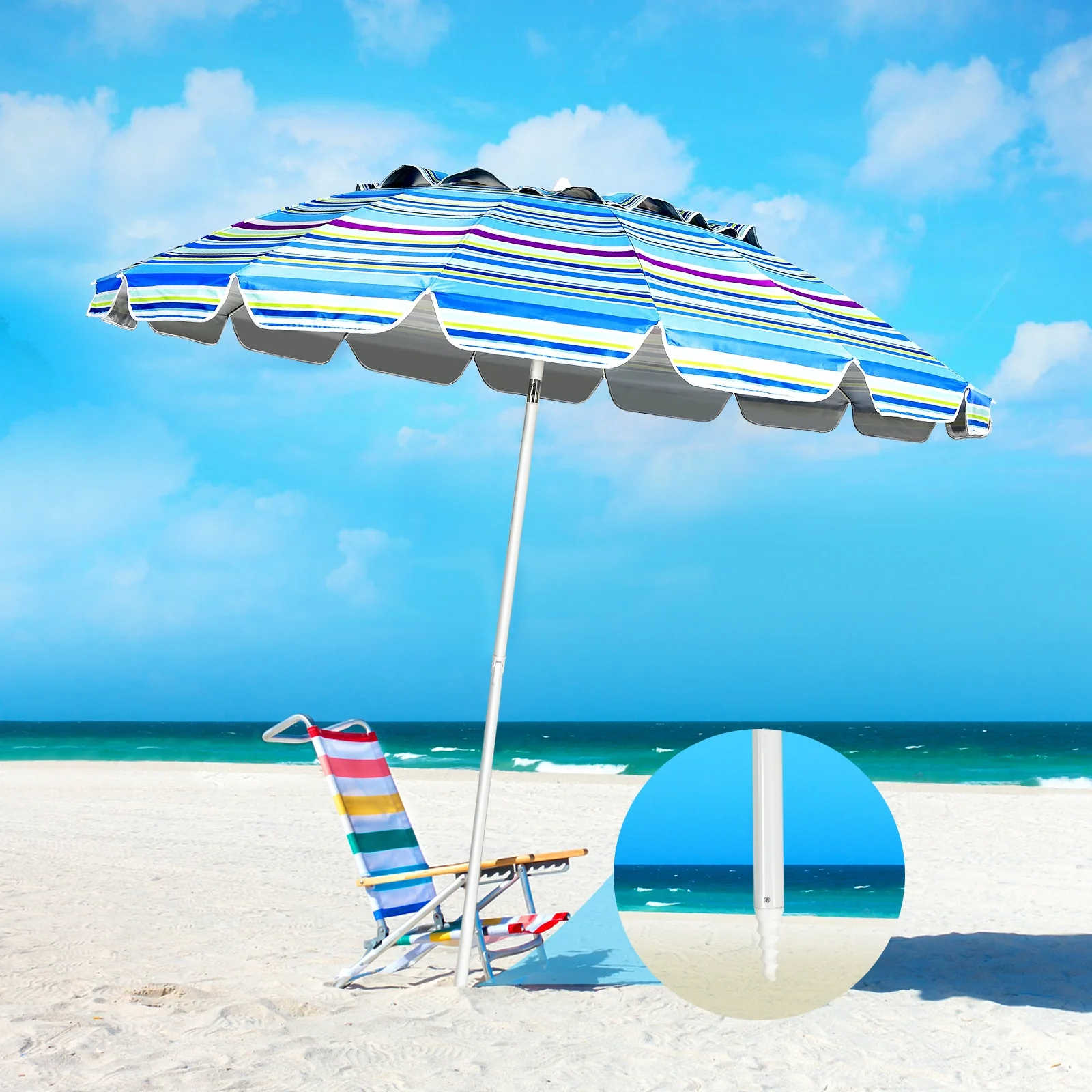 8FT Portable Beach Umbrella, With Sand Anchor and Tilt, Blue - Image 8