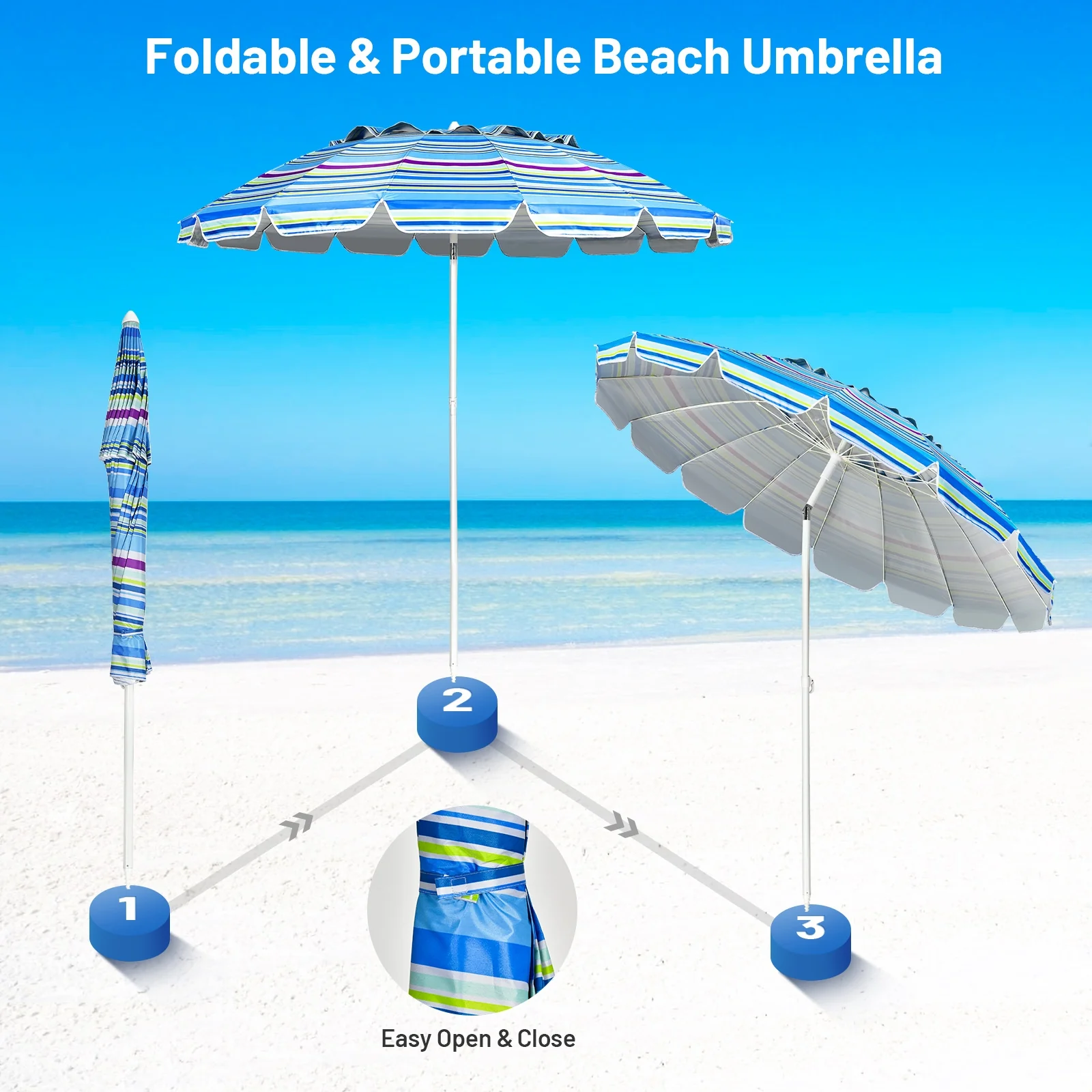 8FT Portable Beach Umbrella, With Sand Anchor and Tilt, Blue - Image 9