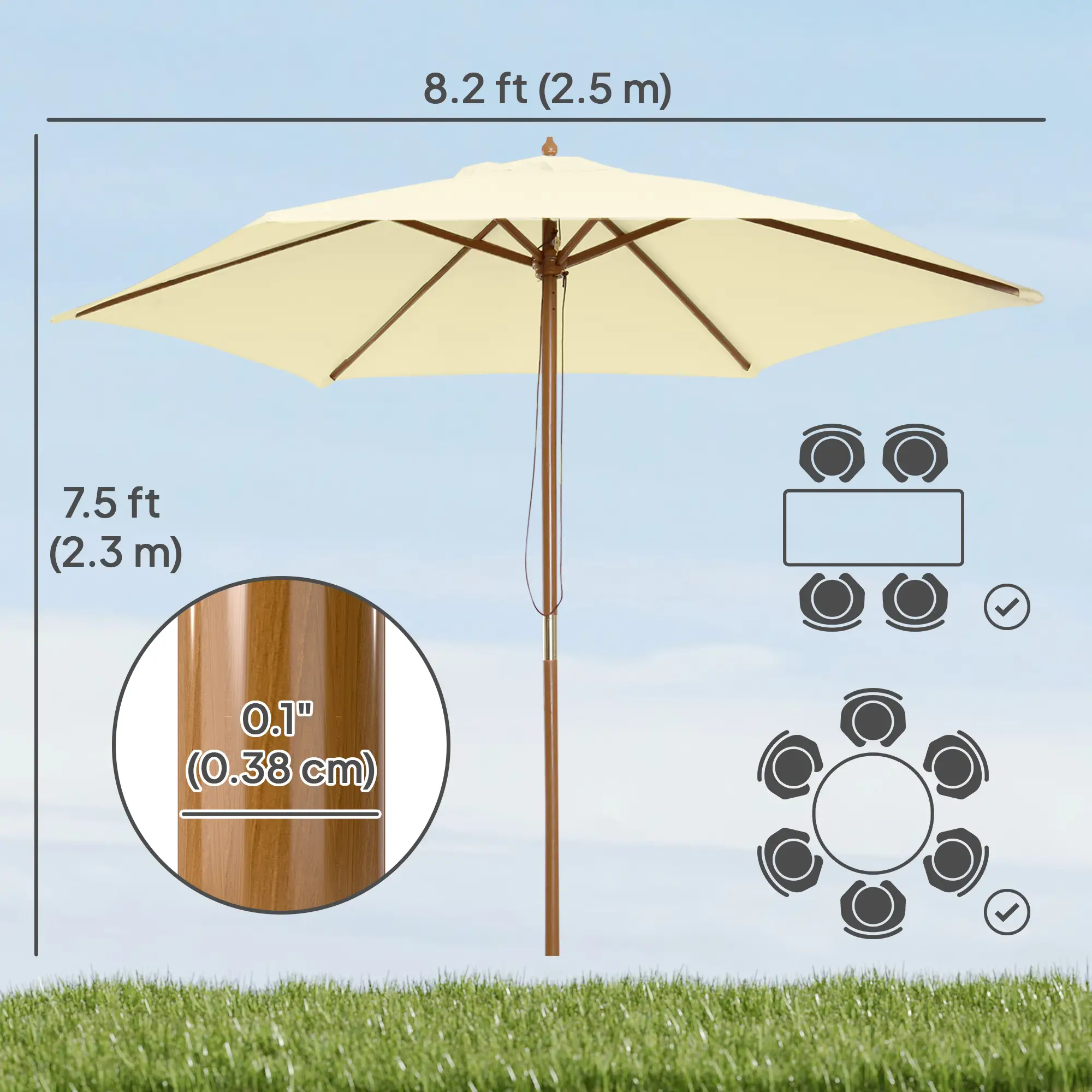 8FT Wood Market Umbrella, Round Garden Parasol, Bamboo Ribs, Cream White - Image 3